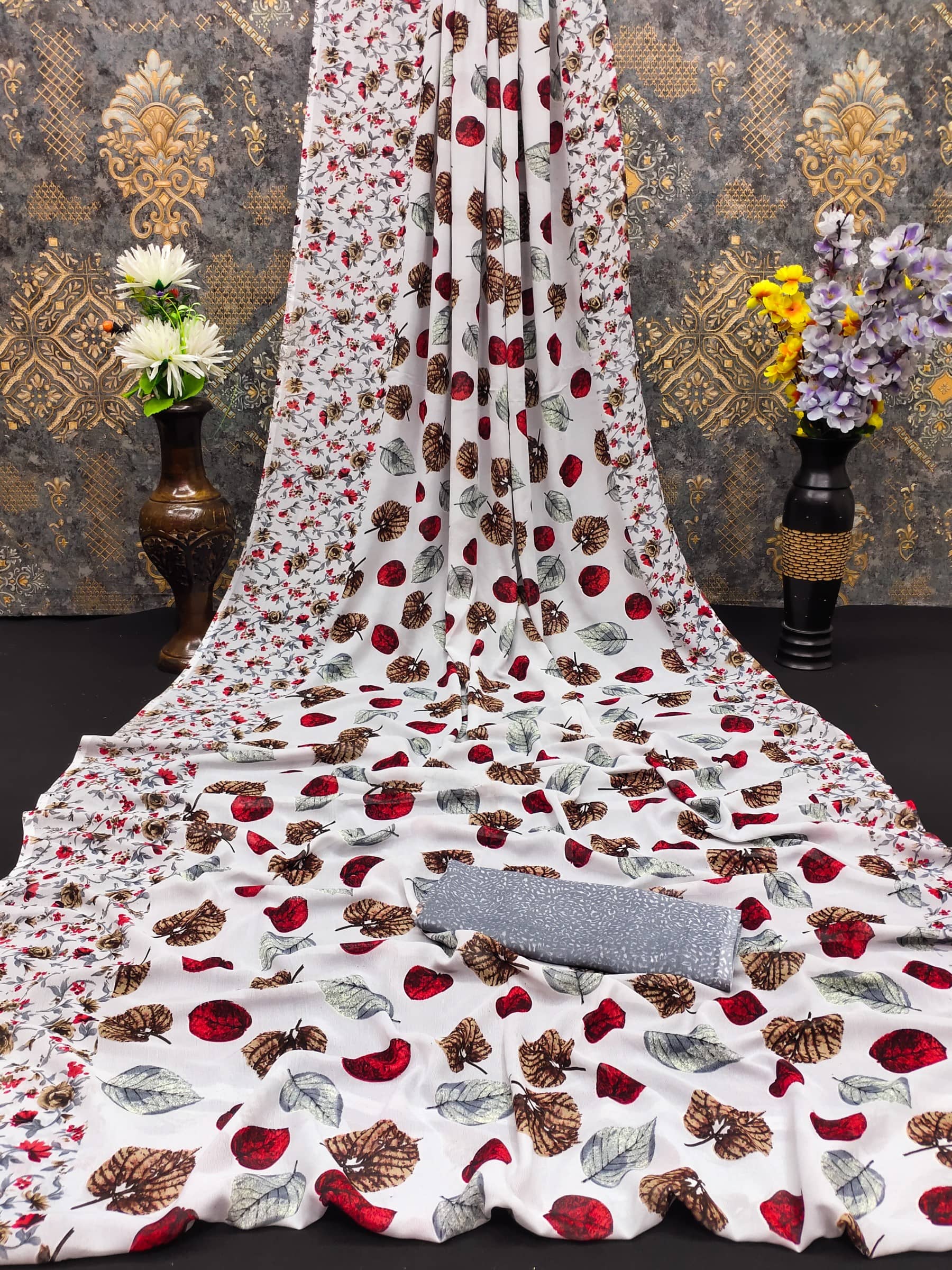 Kanooda Prints Georgette Printed Saree With Unstitched Blouse Piece ( Grey ) - Sarees | Buy online on ZillyBuy