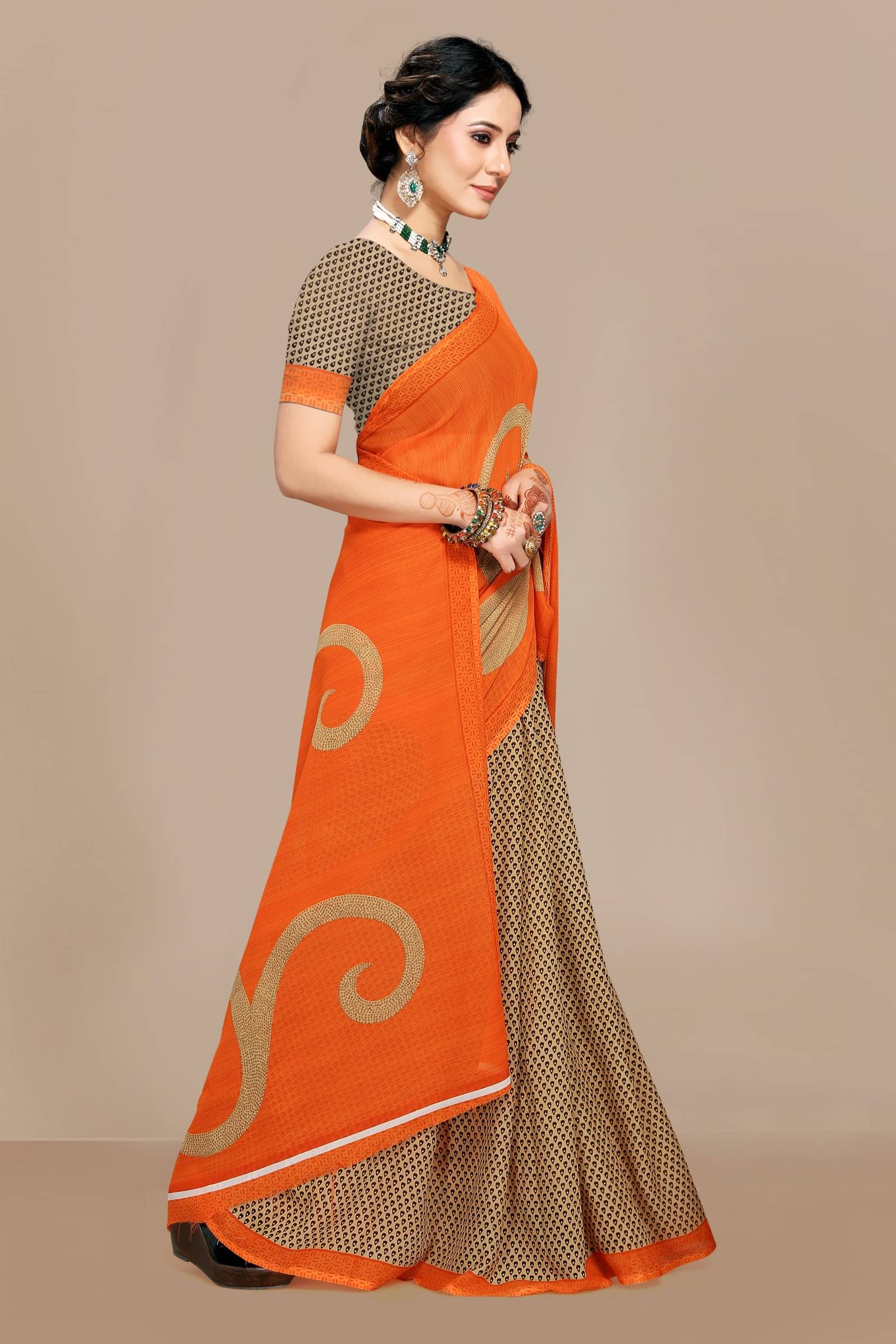 Kanooda Prints Georgette Printed Saree With Unstitched Blouse Piece ( Orange ) Kanooda Prints Georgette Printed Saree With Unstitched Blouse Piece ( Orange )