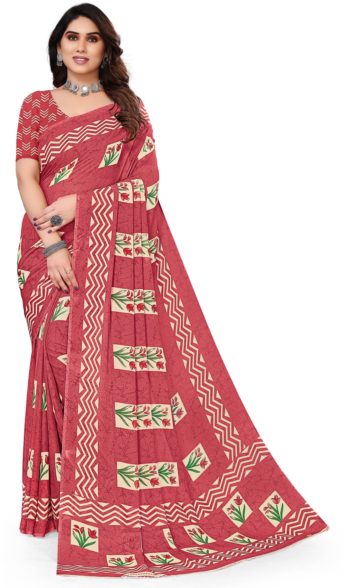 Kanooda Prints Georgette Printed Saree With Unstitched Blouse Piece ( Maroon )     			Kanooda Prints Georgette Printed Saree With Unstitched Blouse Piece ( Maroon )