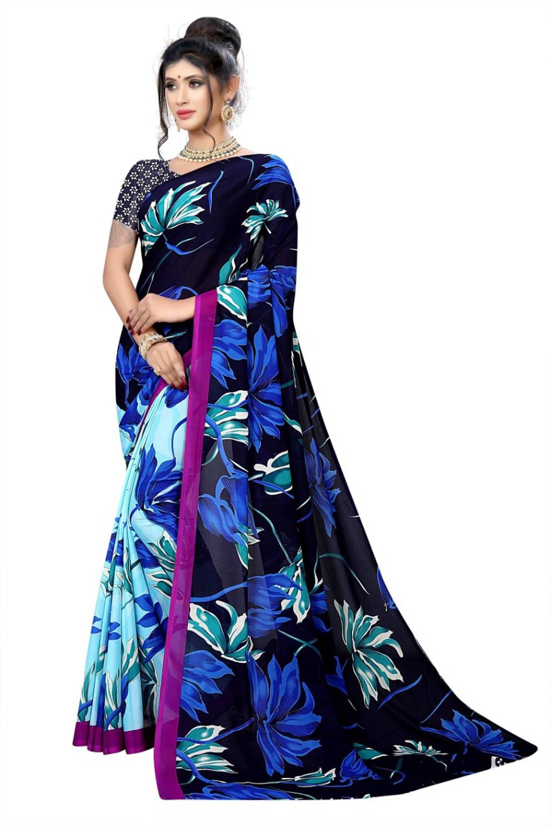     			Kanooda Prints Georgette Printed Saree With Unstitched Blouse Piece ( Blue )