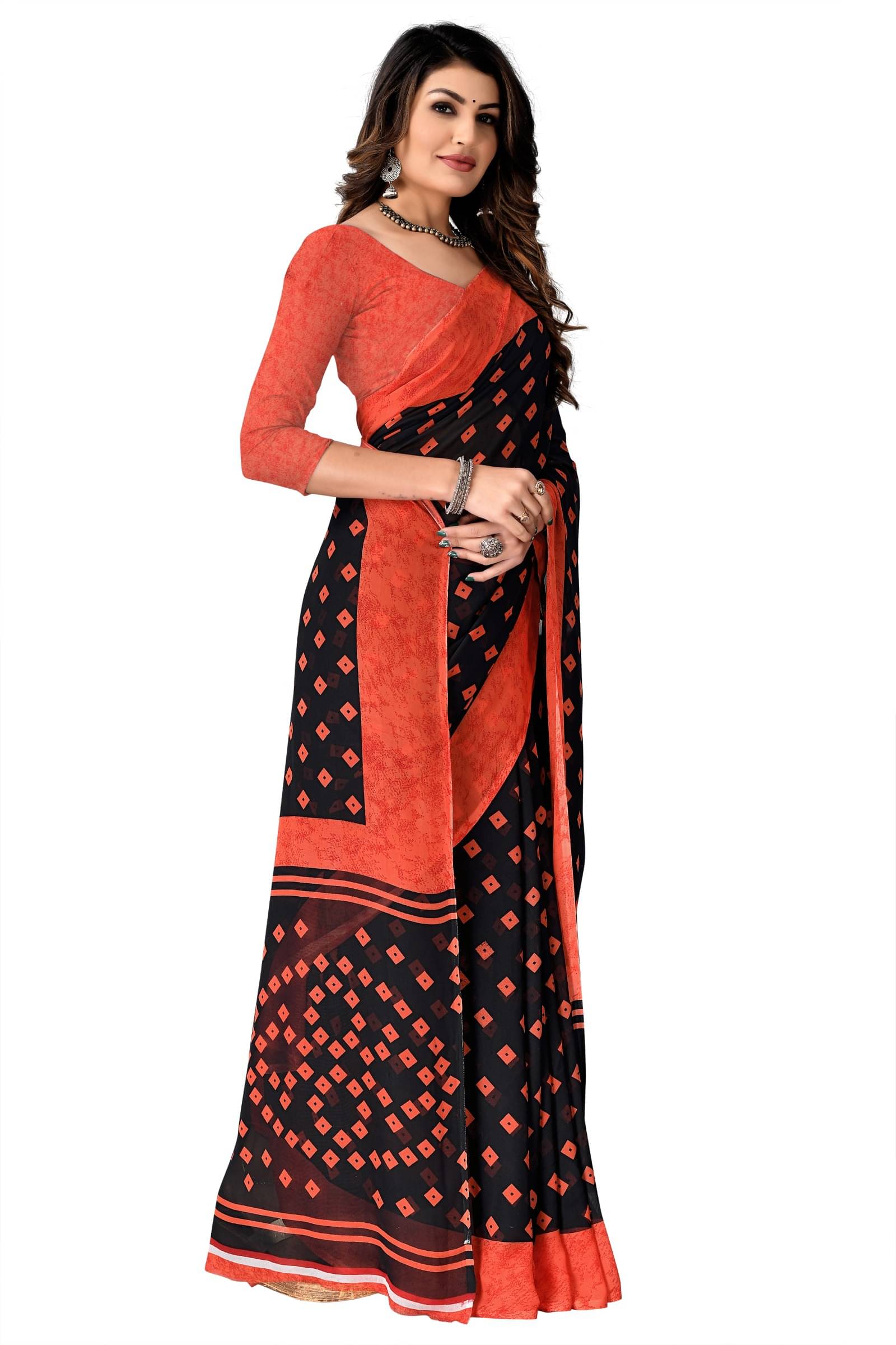 Kanooda Prints Georgette Printed Saree With Unstitched Blouse Piece ( Black ) Kanooda Prints Georgette Printed Saree With Unstitched Blouse Piece ( Black )