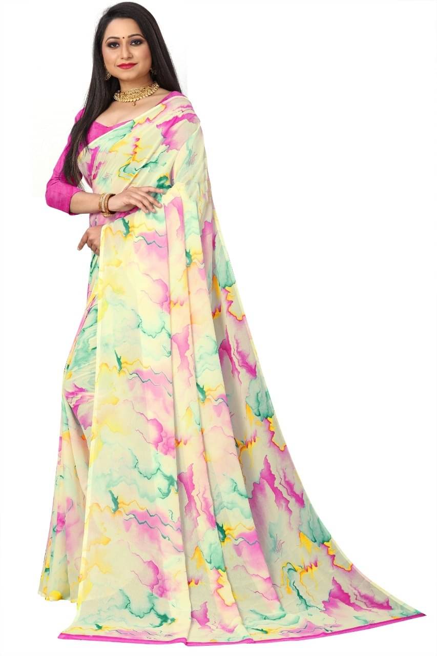 Kanooda Prints Georgette Printed Saree With Unstitched Blouse Piece ( Multicolor ) Kanooda Prints Georgette Printed Saree With Unstitched Blouse Piece ( Multicolor )