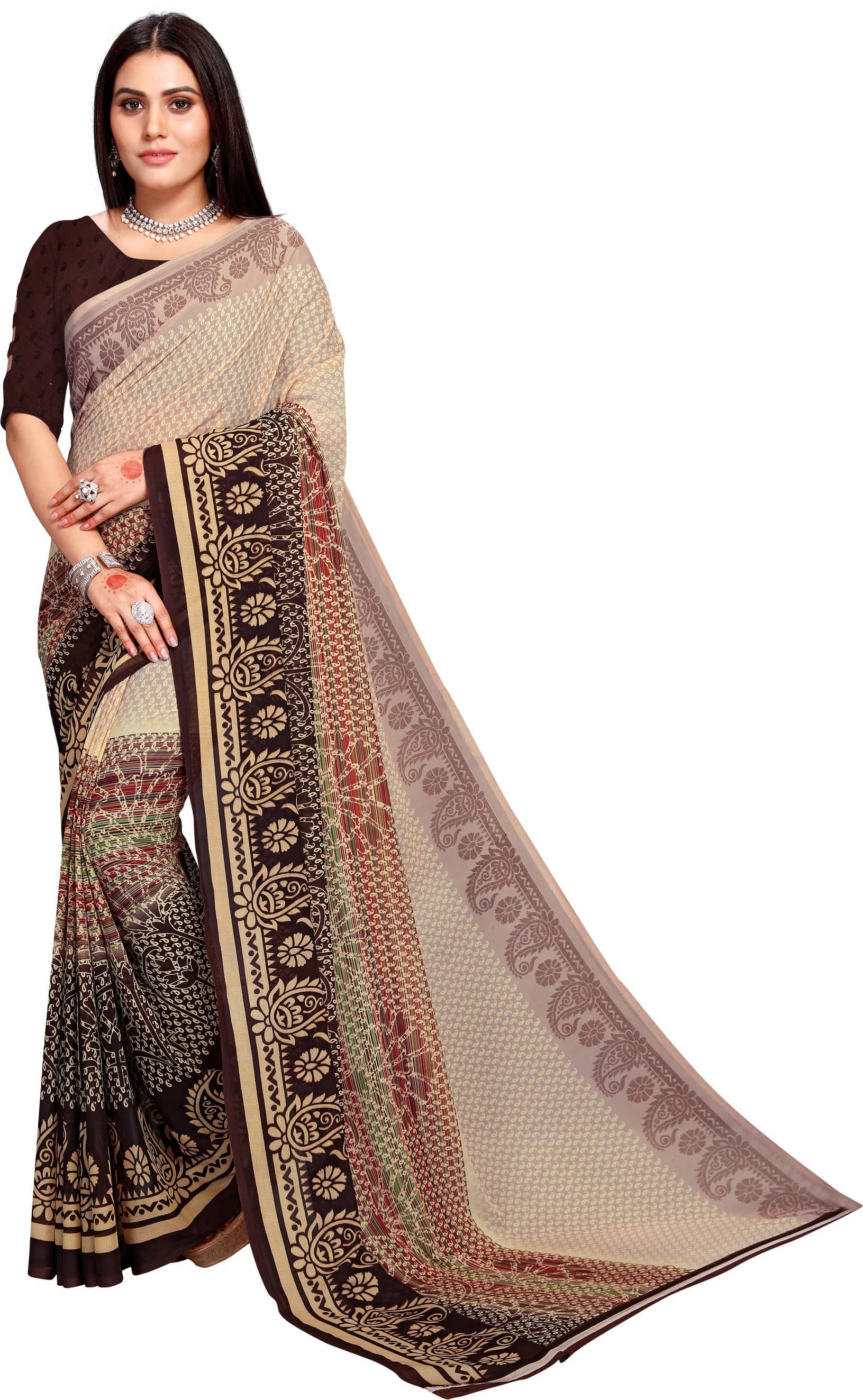 Kanooda Prints Georgette Printed Saree With Unstitched Blouse Piece ( Beige ) - Sarees | Buy online on ZillyBuy