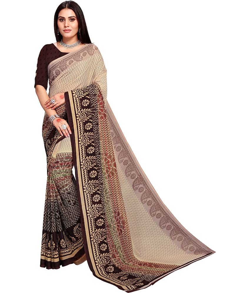 Kanooda Prints Georgette Printed Saree With Unstitched Blouse Piece ( Beige ) - Sarees | Buy online on ZillyBuy