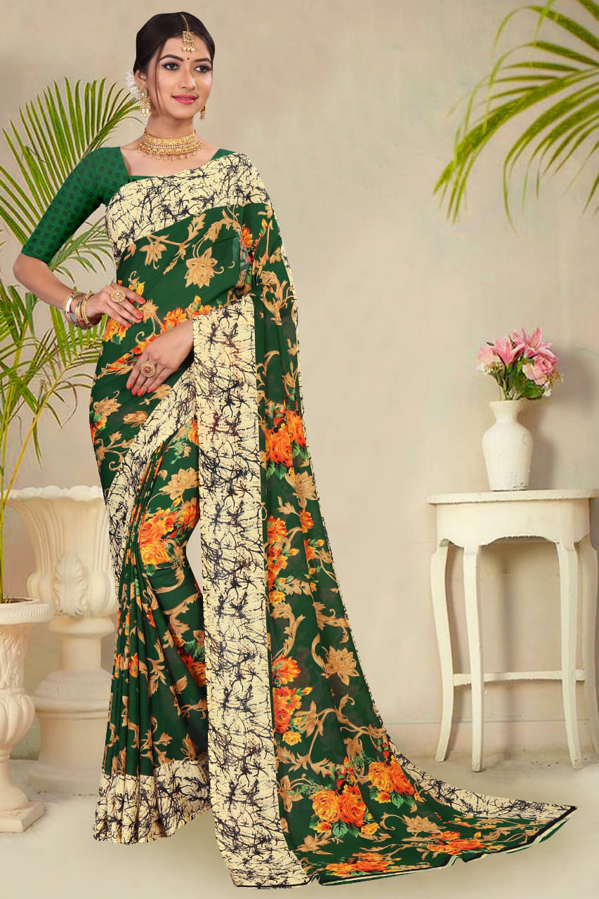     			Kanooda Prints Georgette Printed Saree With Unstitched Blouse Piece ( Multicolor )