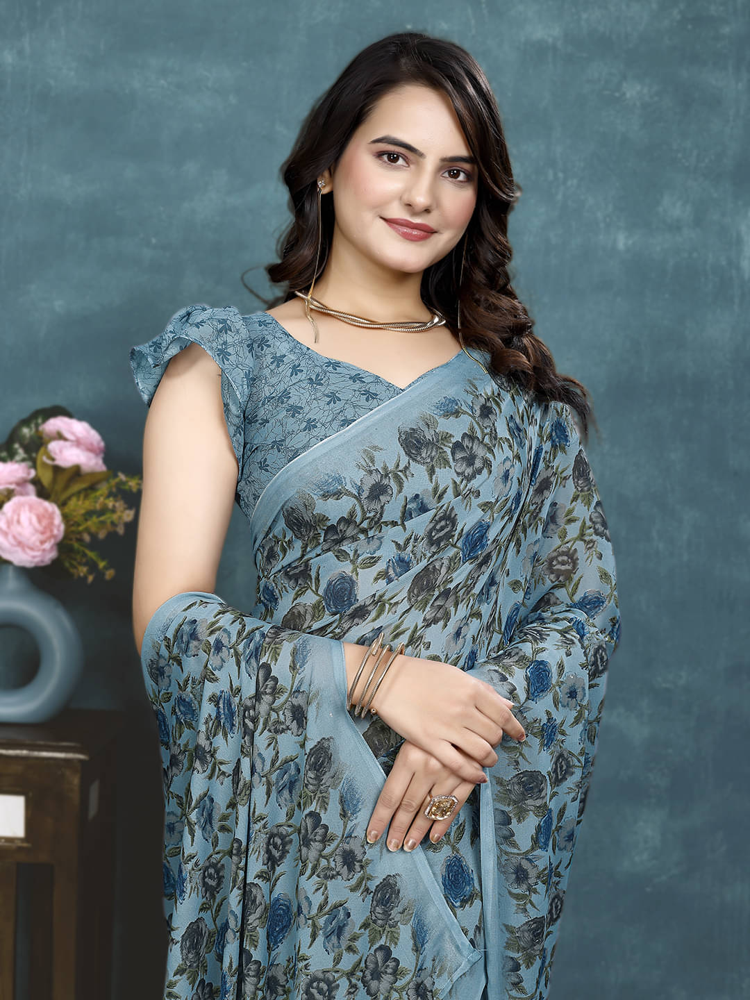     			Kanooda Prints Georgette Printed Saree With Unstitched Blouse Piece ( Blue )
