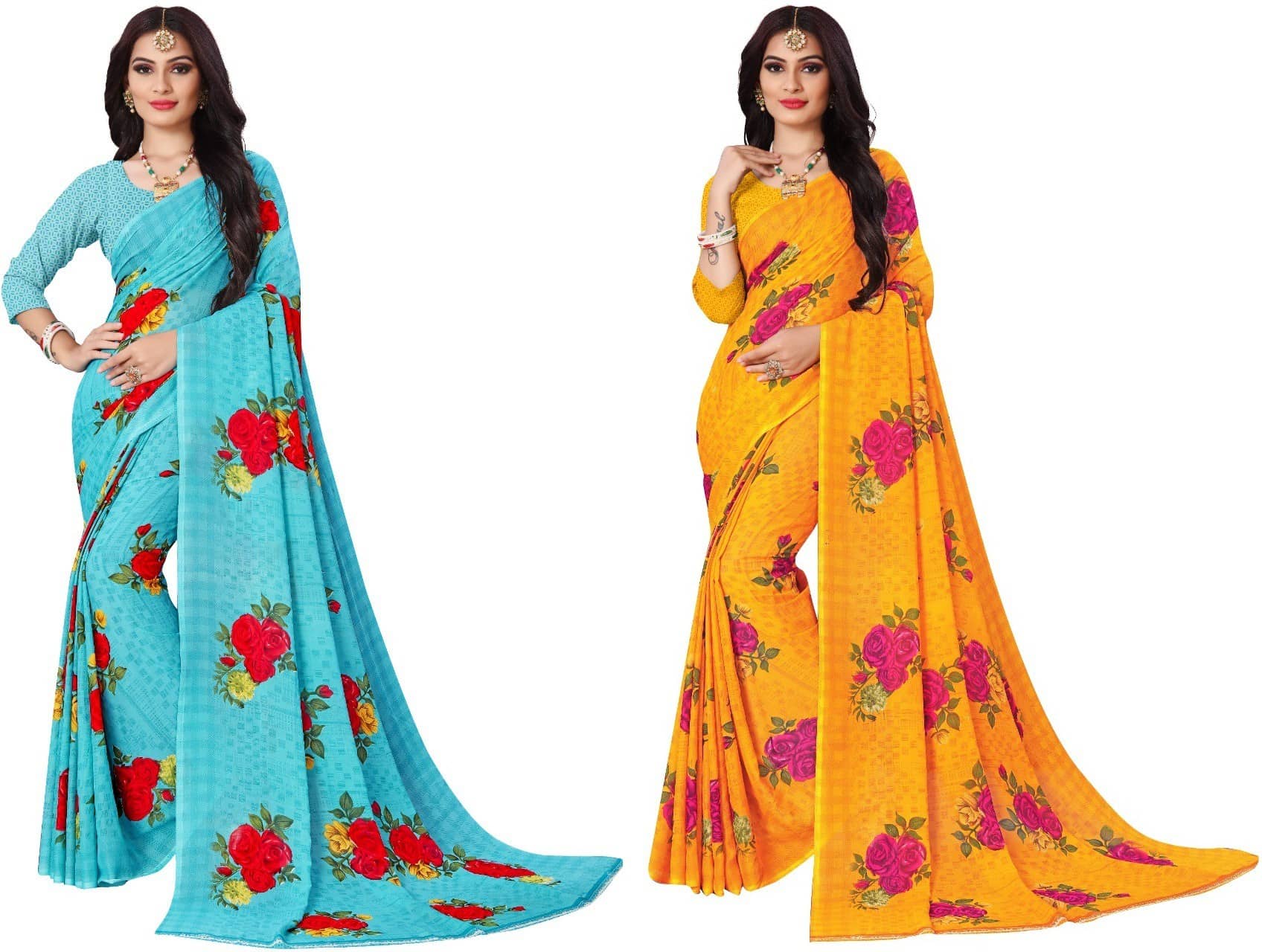 Kanooda Prints Georgette Printed Saree With Unstitched Blouse Piece ( Multicolor ) - Sarees | Buy online on ZillyBuy