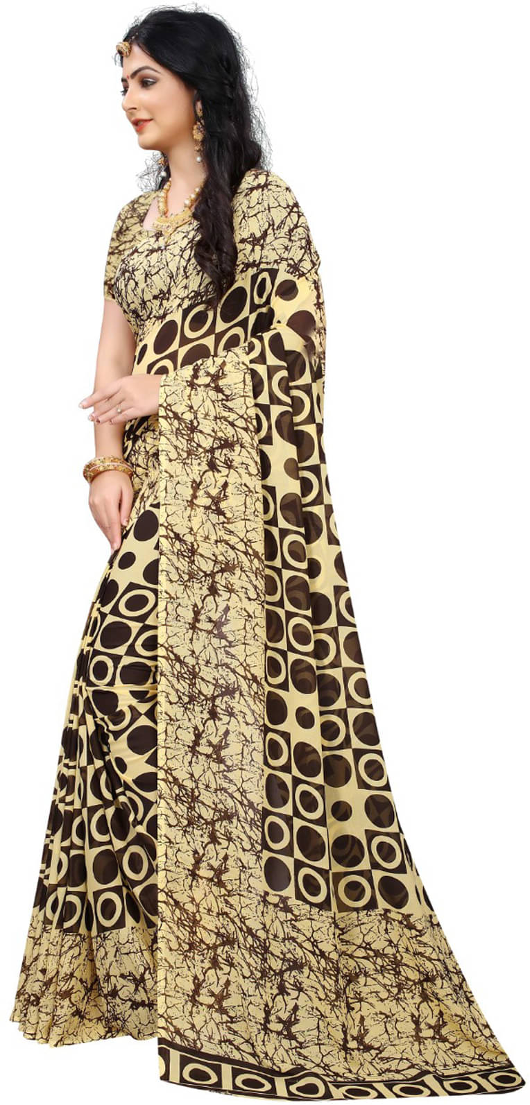 Kanooda Prints Georgette Printed Saree With Unstitched Blouse Piece ( Brown )     			Kanooda Prints Georgette Printed Saree With Unstitched Blouse Piece ( Brown )