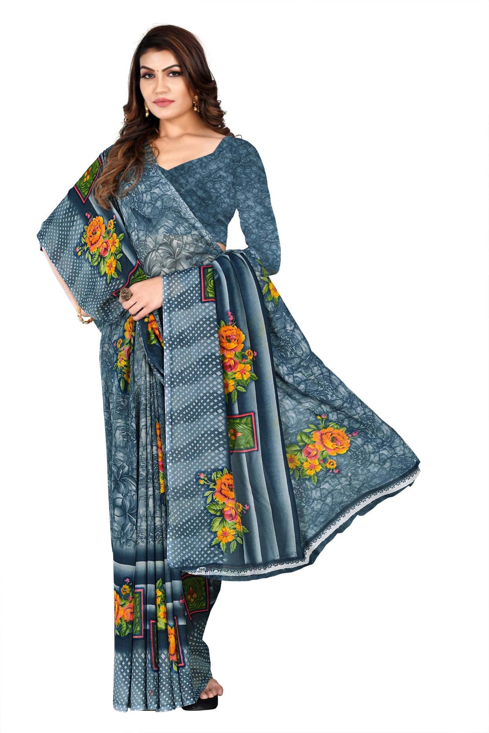 Kanooda Prints Georgette Printed Saree With Unstitched Blouse Piece ( Grey )     			Kanooda Prints Georgette Printed Saree With Unstitched Blouse Piece ( Grey )