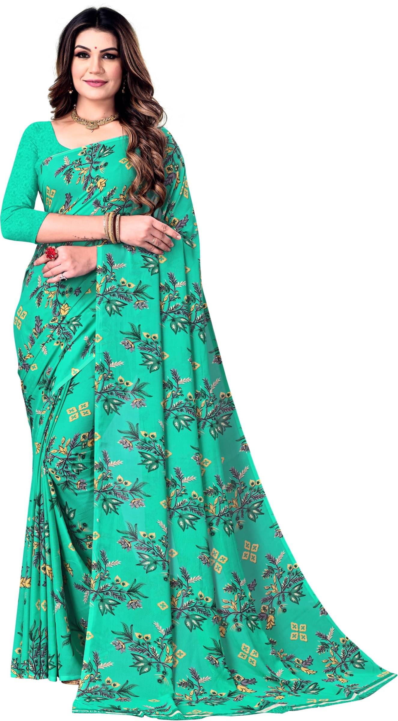     			Kanooda Prints Georgette Printed Saree With Unstitched Blouse Piece ( Green )