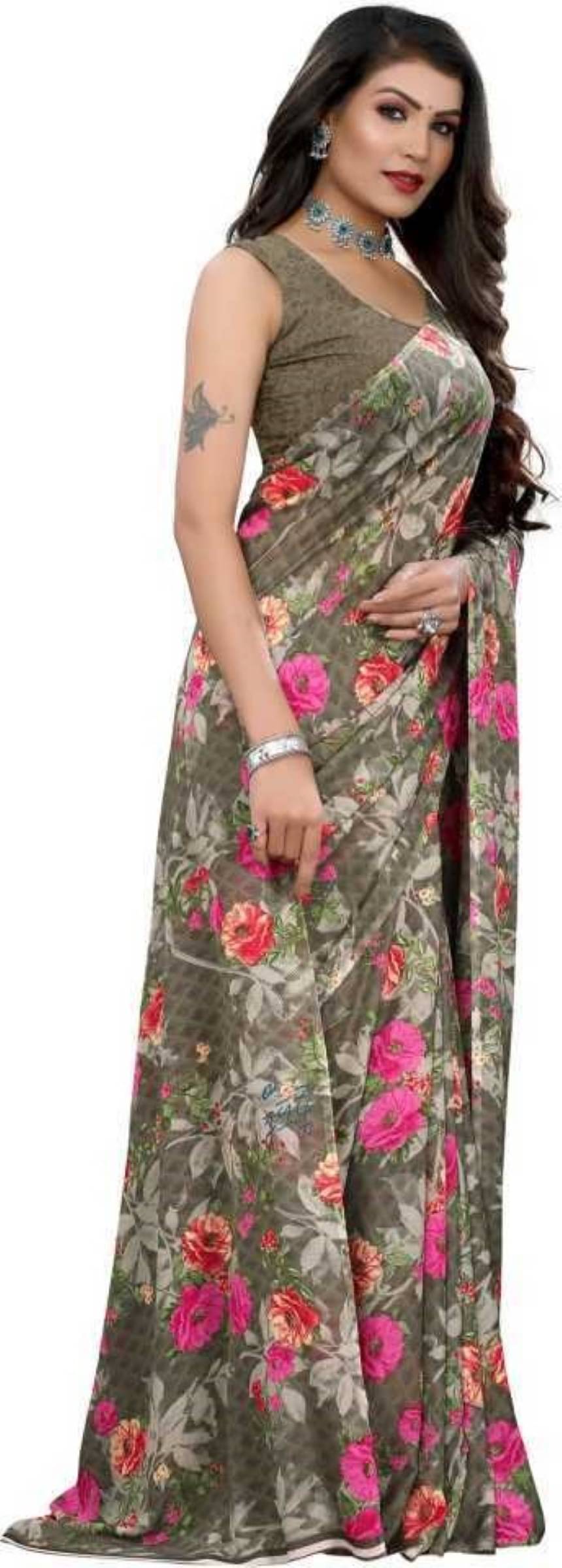     			Kanooda Prints Georgette Printed Saree With Unstitched Blouse Piece ( Maroon )