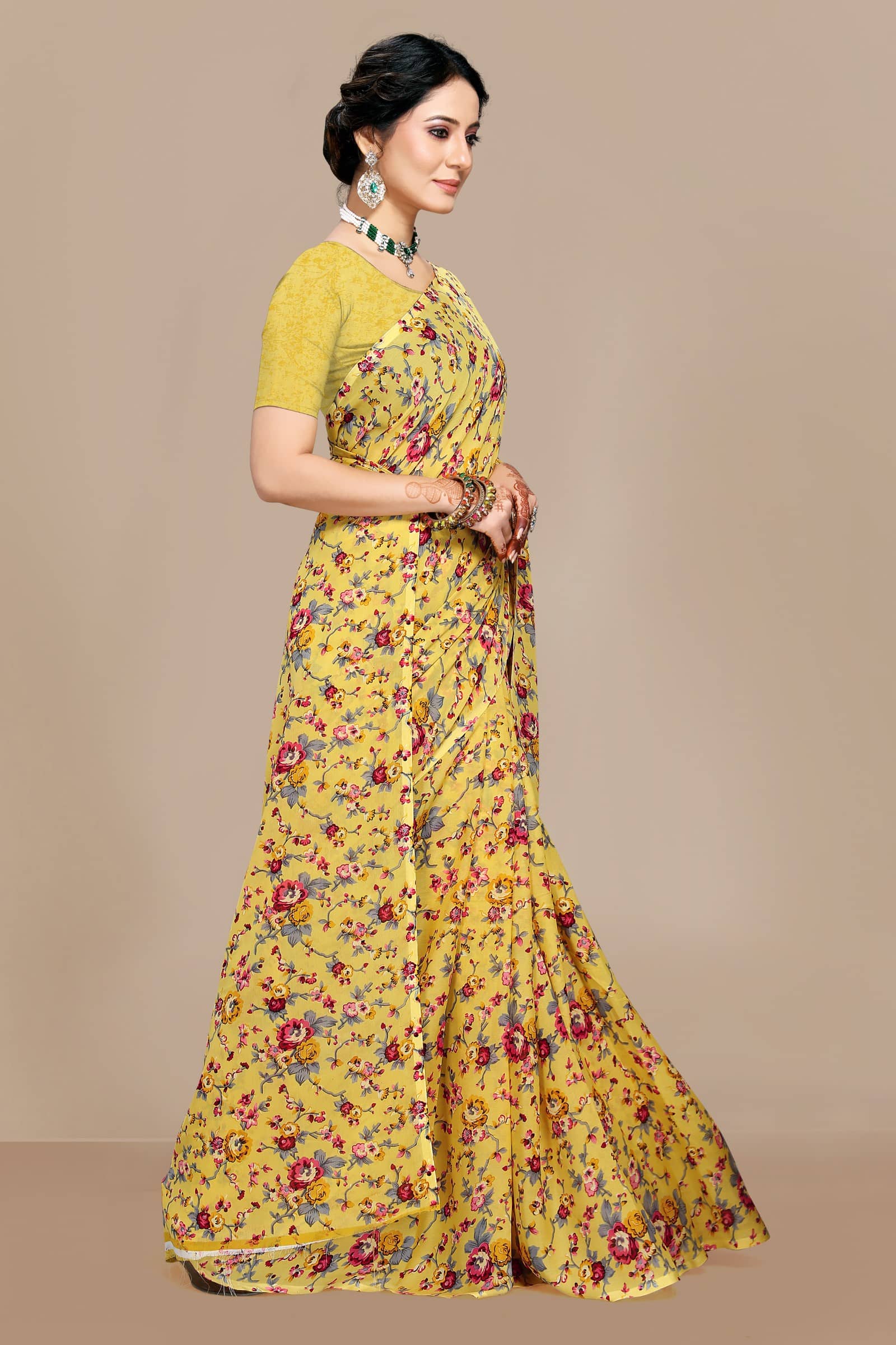 Kanooda Prints Georgette Printed Saree With Unstitched Blouse Piece ( Yellow ) - Sarees | Buy online on ZillyBuy