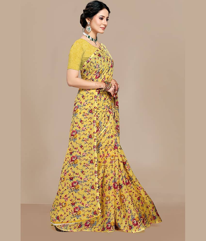 Kanooda Prints Georgette Printed Saree With Unstitched Blouse Piece ( Yellow ) - Sarees | Buy online on ZillyBuy
