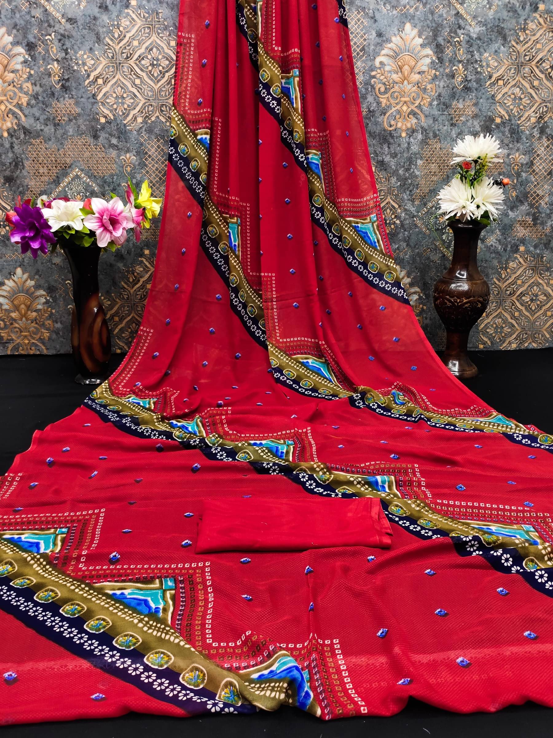     			Kanooda Prints Georgette Printed Saree With Unstitched Blouse Piece ( Red )