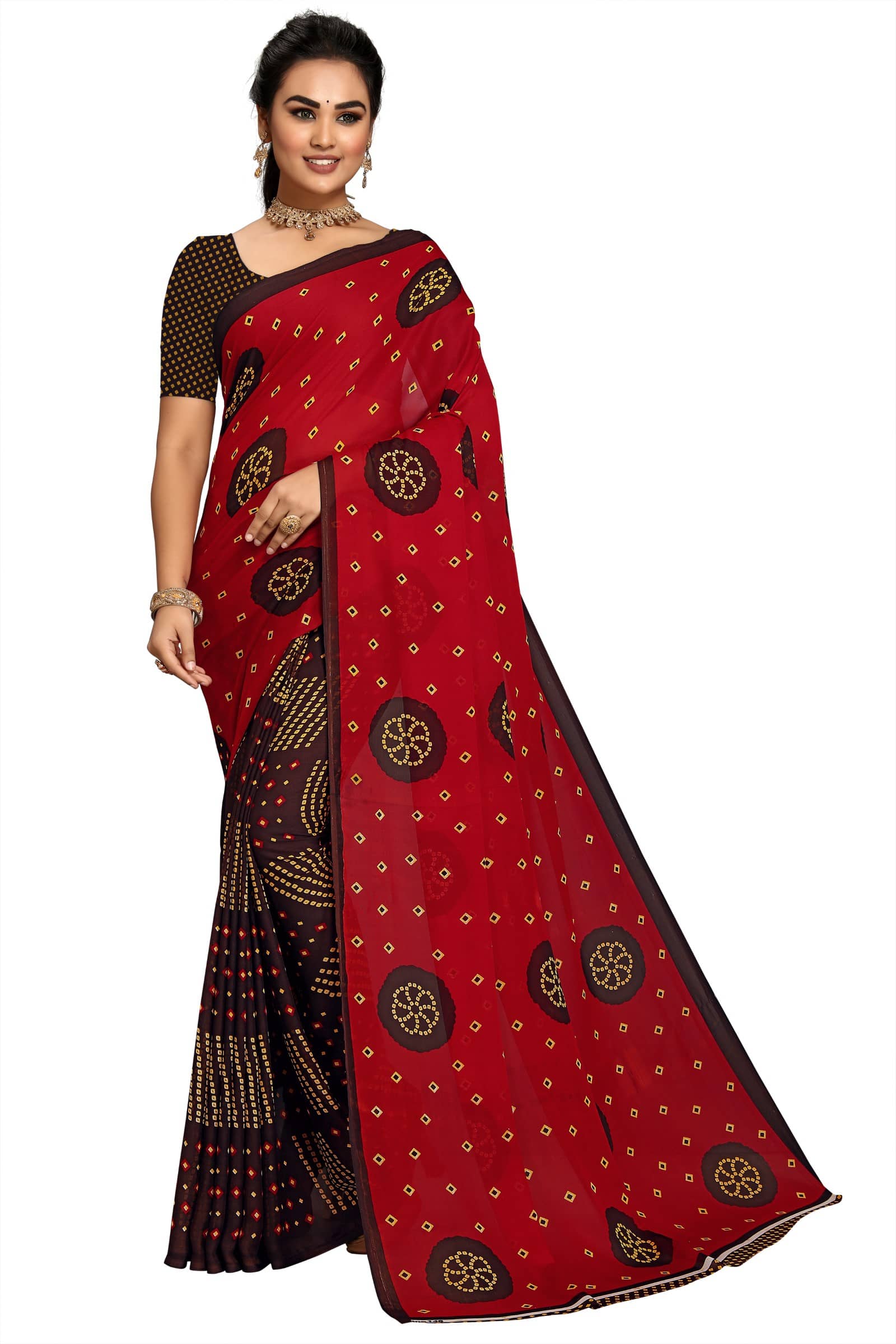 Kanooda Prints Georgette Printed Saree With Unstitched Blouse Piece ( Red ) - Sarees | Buy online on ZillyBuy