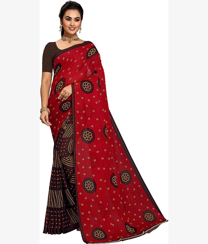 Kanooda Prints Georgette Printed Saree With Unstitched Blouse Piece ( Red ) - Sarees | Buy online on ZillyBuy