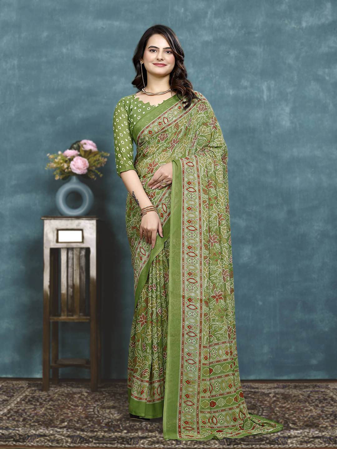     			Kanooda Prints Georgette Printed Saree With Unstitched Blouse Piece ( Light Green )