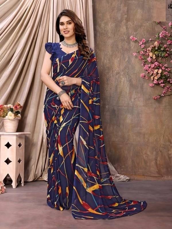     			Kanooda Prints Georgette Printed Saree With Unstitched Blouse Piece ( Navy Blue )