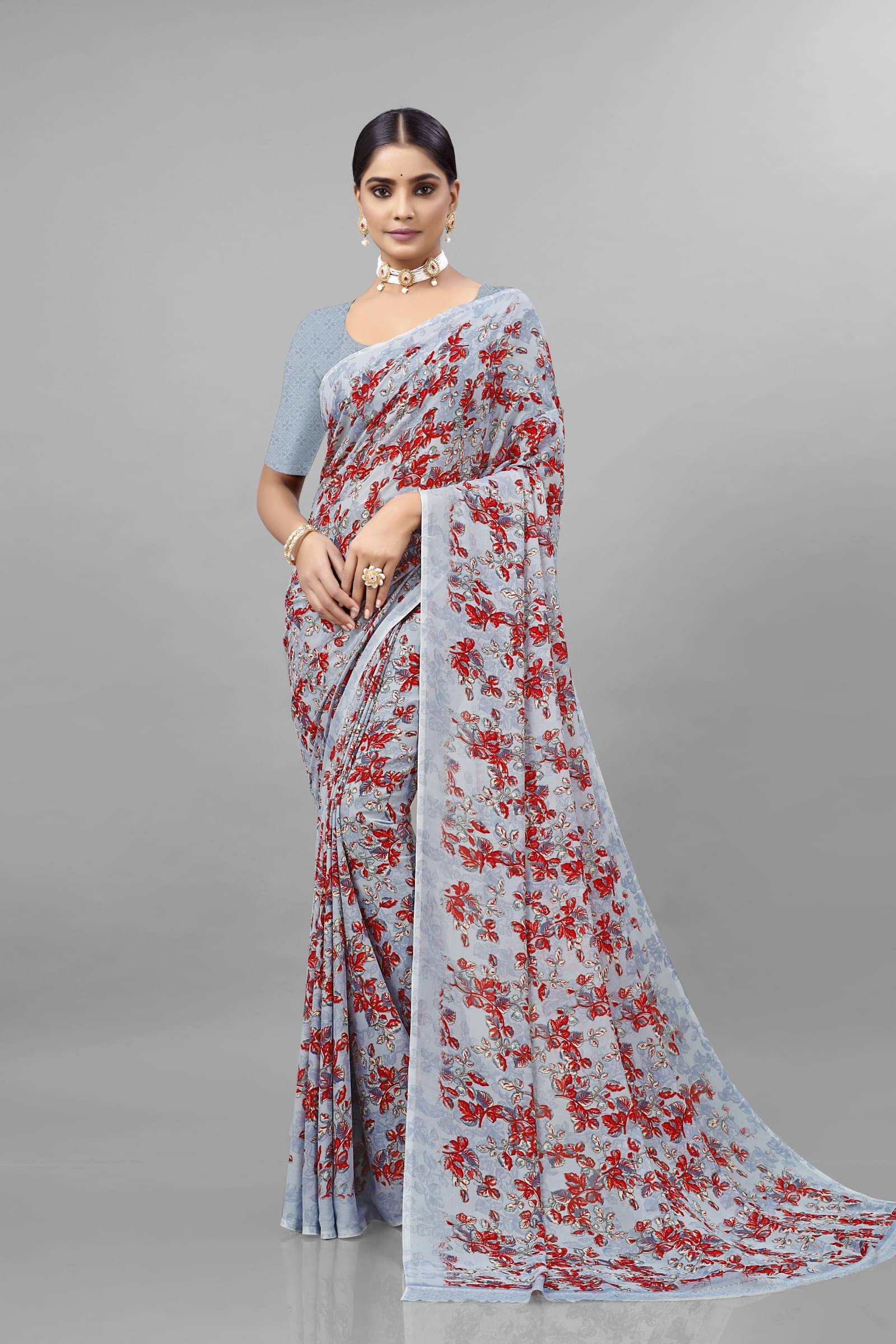 Kanooda Prints Georgette Printed Saree With Unstitched Blouse Piece ( Grey ) Kanooda Prints Georgette Printed Saree With Unstitched Blouse Piece ( Grey )