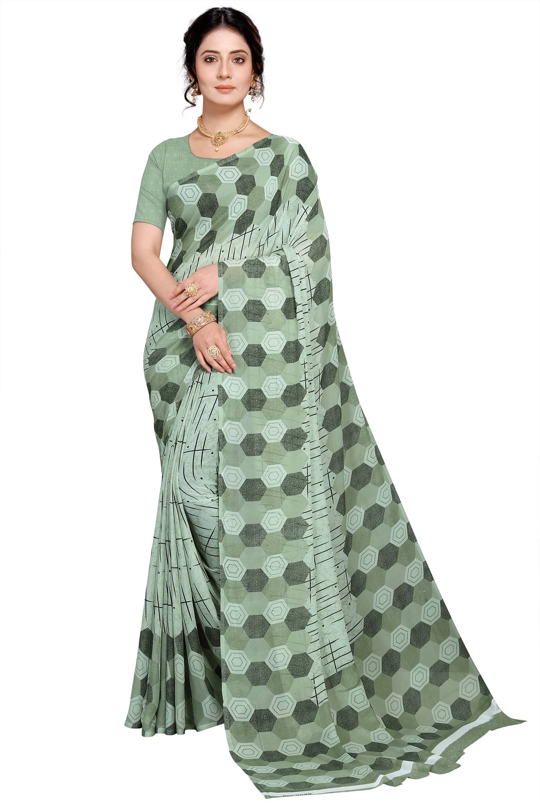 Kanooda Prints Georgette Printed Saree With Unstitched Blouse Piece ( Light Green ) Kanooda Prints Georgette Printed Saree With Unstitched Blouse Piece ( Light Green )