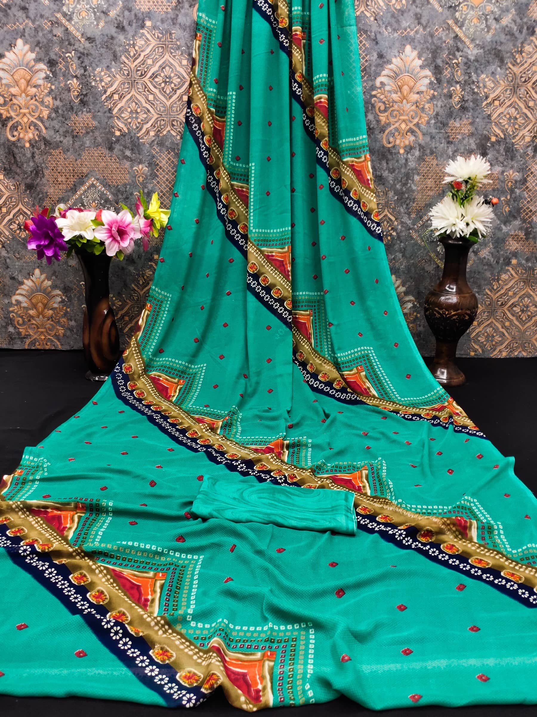 Kanooda Prints Georgette Printed Saree With Unstitched Blouse Piece ( Teal ) - Sarees | Buy online on ZillyBuy