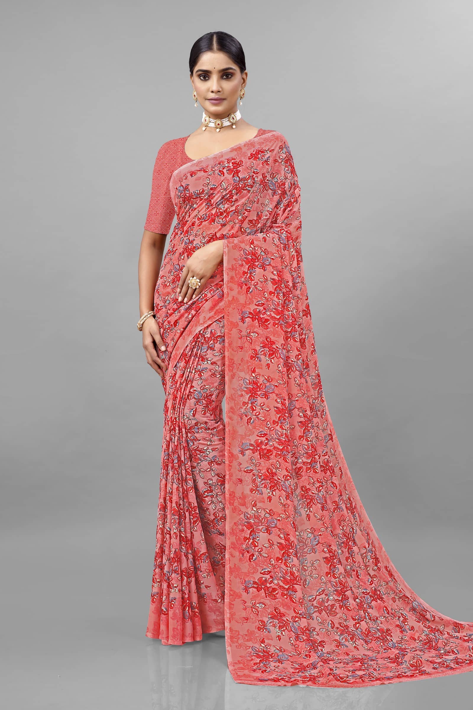 Kanooda Prints Georgette Printed Saree With Unstitched Blouse Piece ( Peach ) - Sarees | Buy online on ZillyBuy