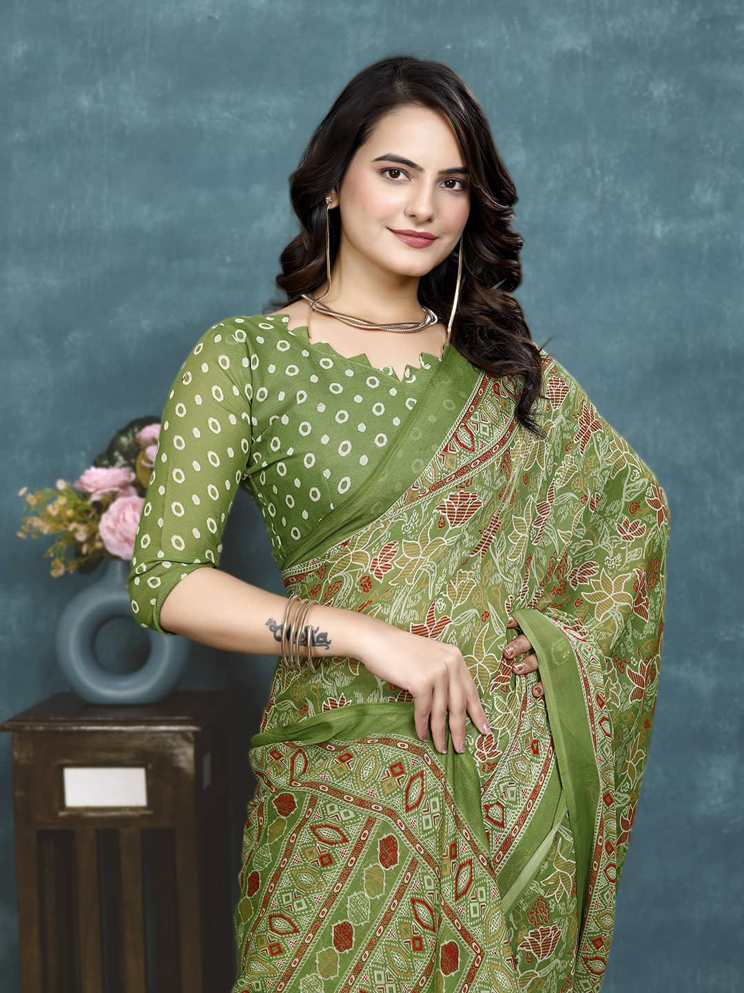 Kanooda Prints Georgette Printed Saree With Unstitched Blouse Piece ( Light Green ) - Sarees | Buy online on ZillyBuy