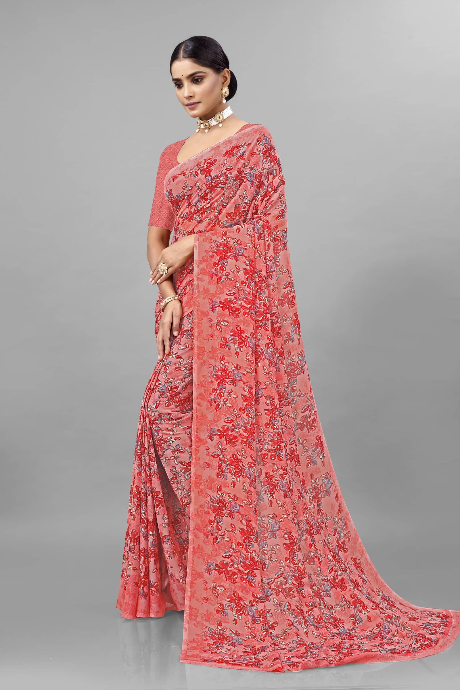 Kanooda Prints Georgette Printed Saree With Unstitched Blouse Piece ( Peach ) - Sarees | Buy online on ZillyBuy