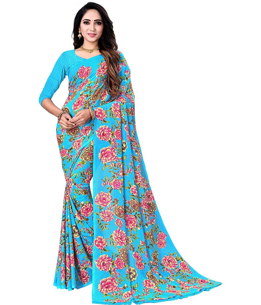 Kanooda Prints Georgette Printed Saree With Unstitched Blouse Piece ( Green ) - Sarees | Buy online on ZillyBuy