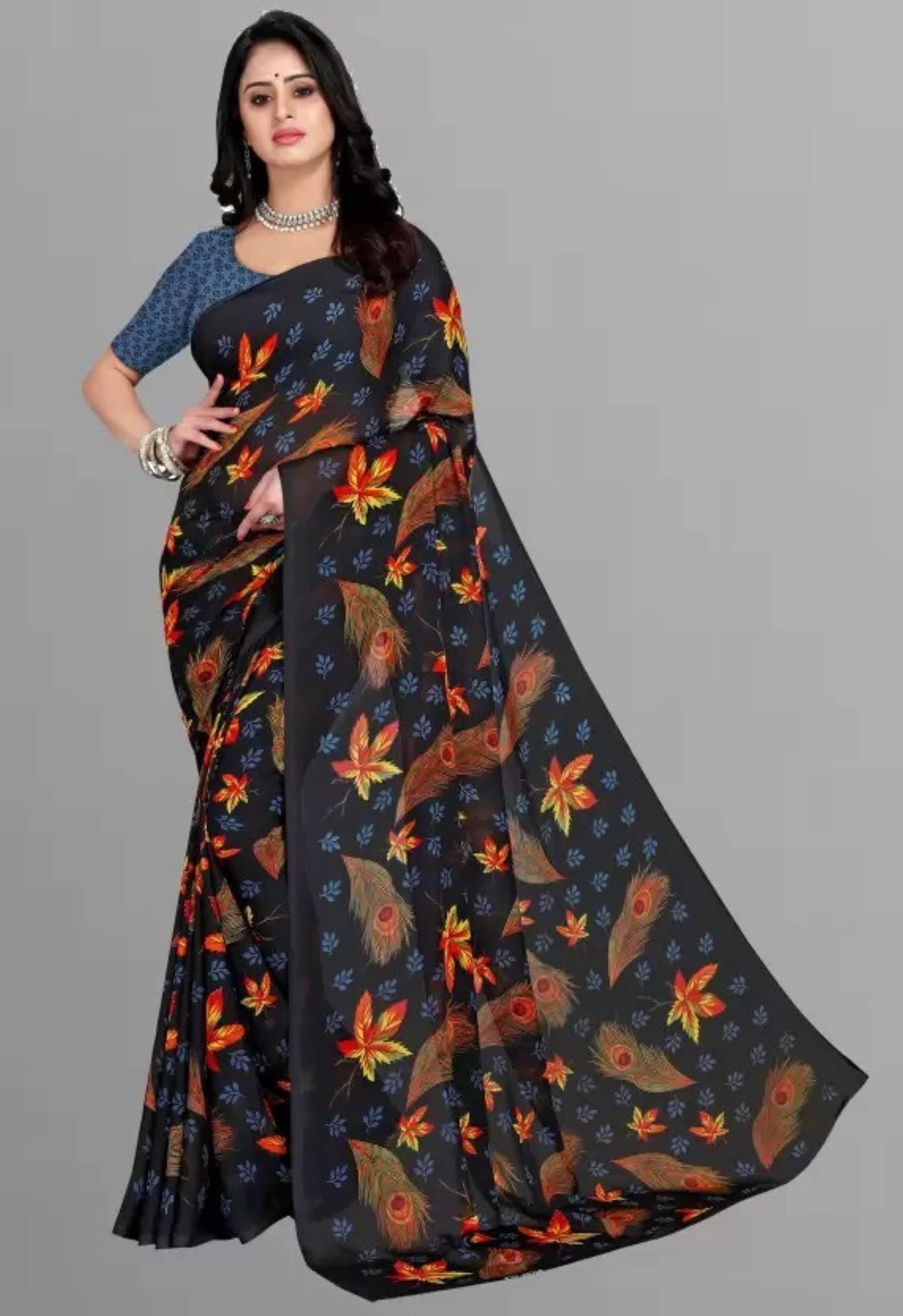     			Kanooda Prints Georgette Printed Saree With Unstitched Blouse Piece ( Multicolor )