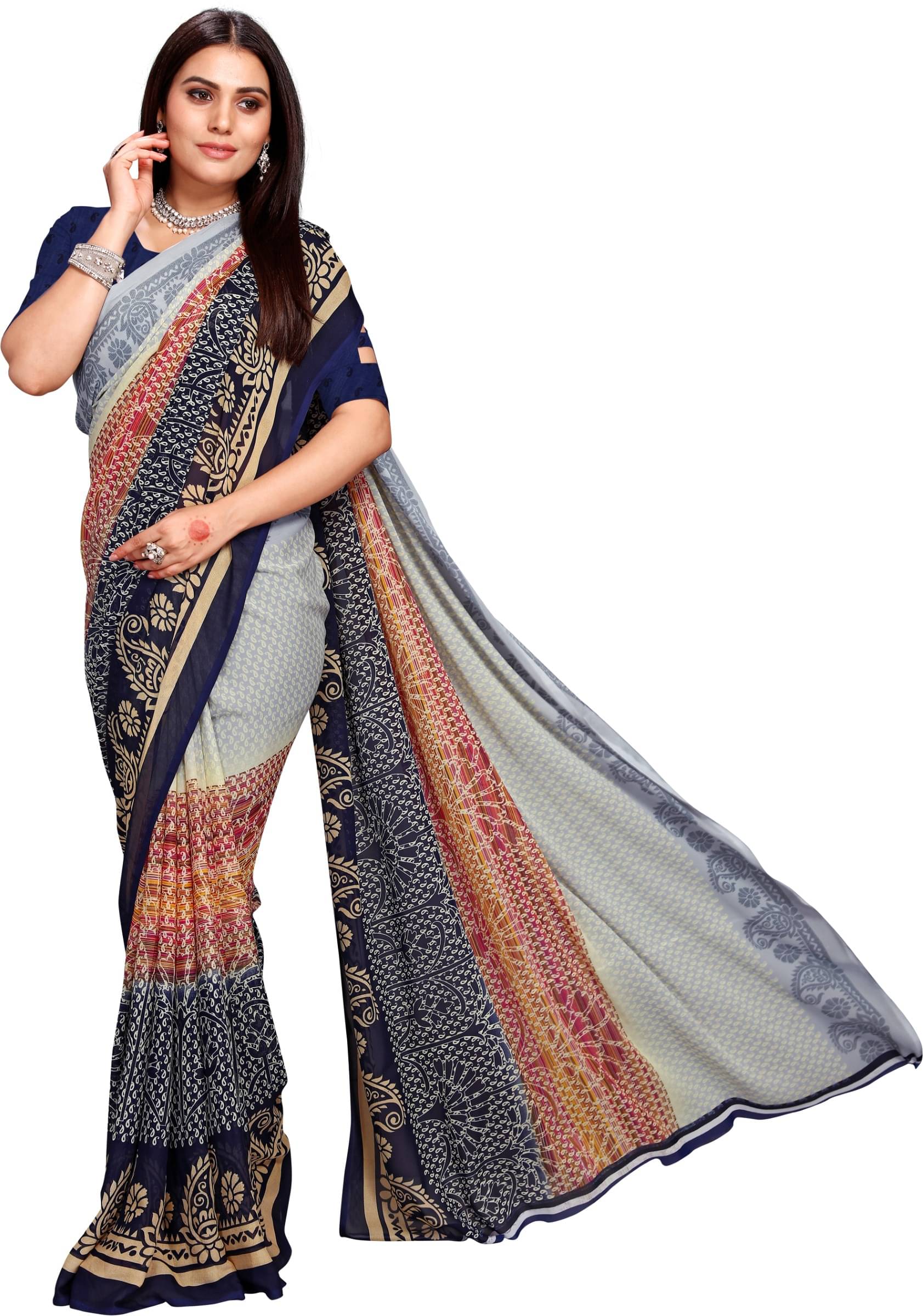 Kanooda Prints Georgette Printed Saree With Unstitched Blouse Piece ( Grey ) Kanooda Prints Georgette Printed Saree With Unstitched Blouse Piece ( Grey )