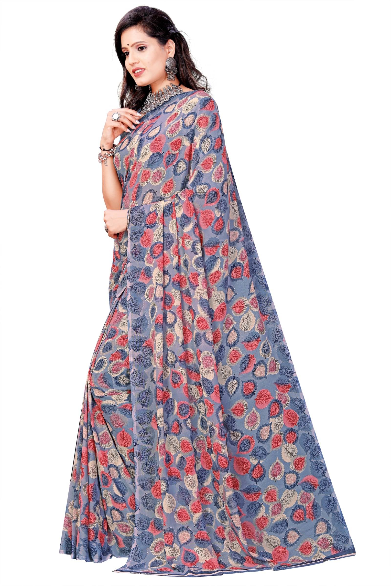 Kanooda Prints Georgette Printed Saree With Unstitched Blouse Piece ( Grey )     			Kanooda Prints Georgette Printed Saree With Unstitched Blouse Piece ( Grey )