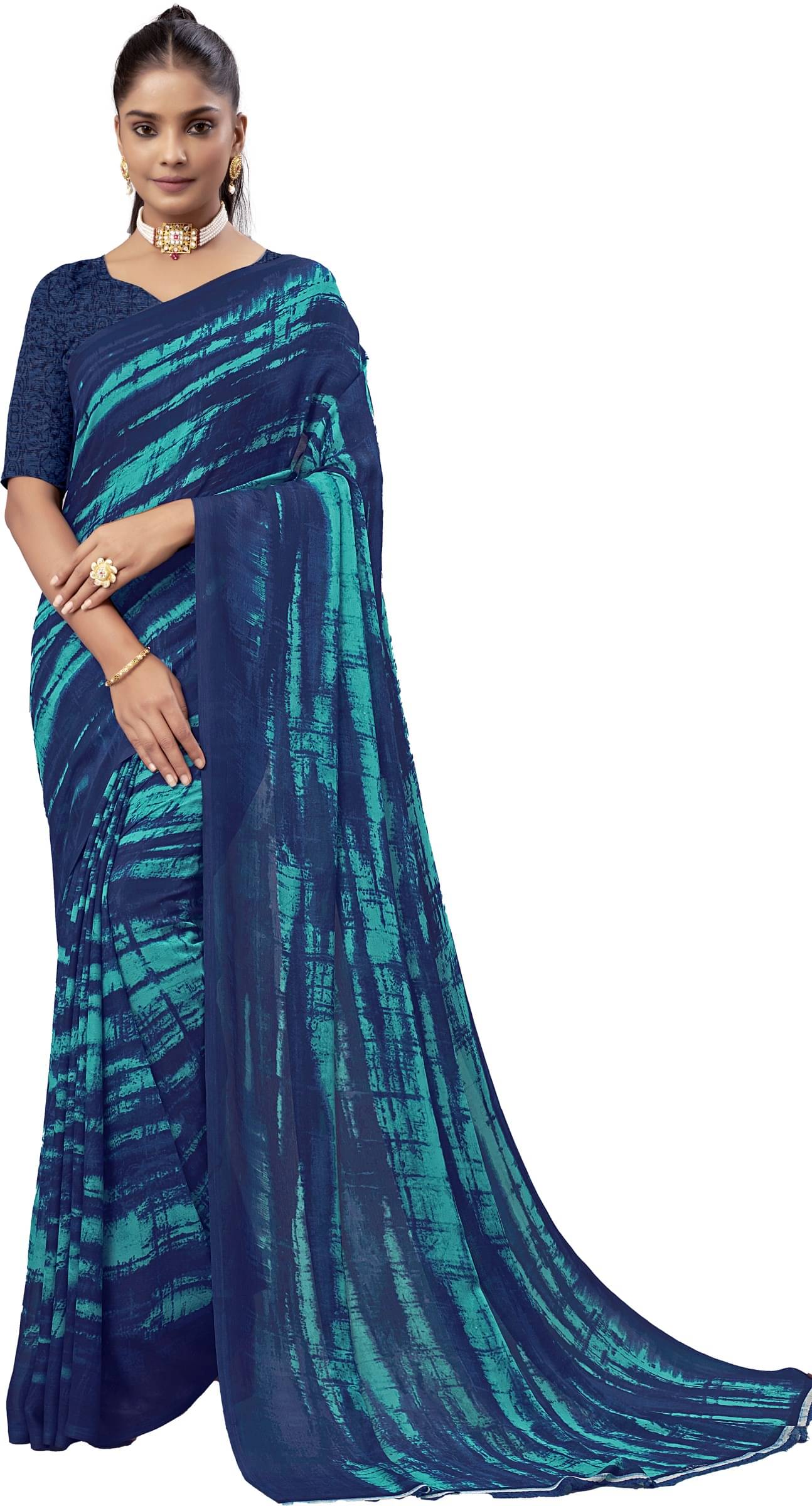 Kanooda Prints Georgette Printed Saree With Unstitched Blouse Piece ( Blue ) Kanooda Prints Georgette Printed Saree With Unstitched Blouse Piece ( Blue )