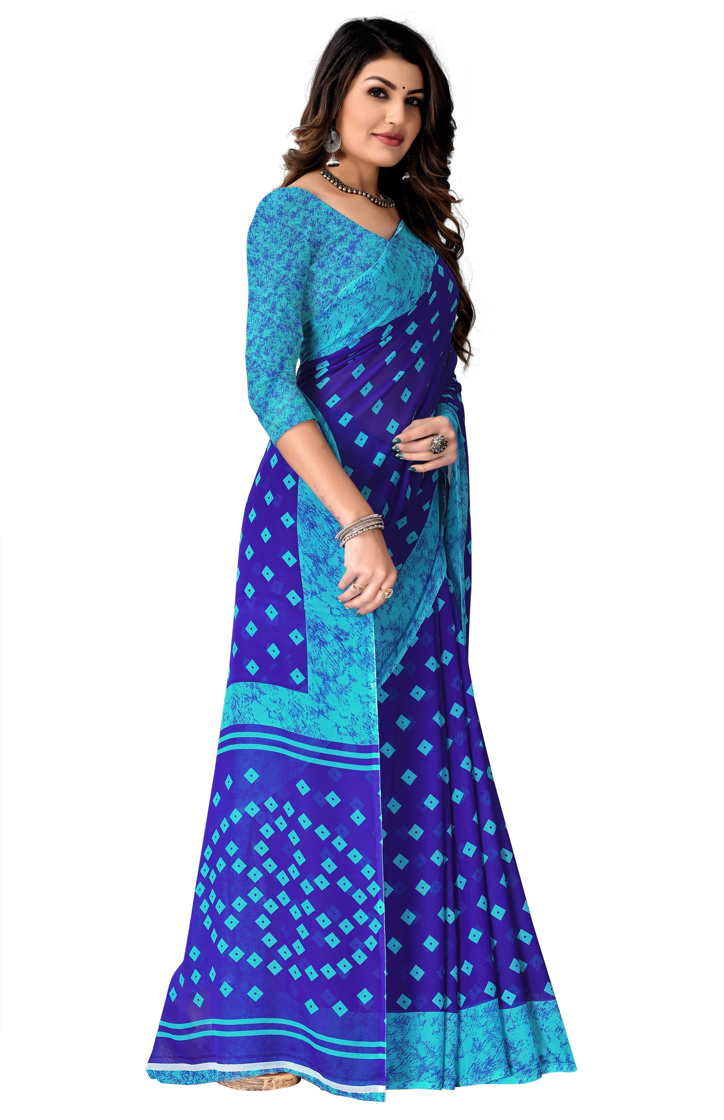 Kanooda Prints Georgette Printed Saree With Unstitched Blouse Piece ( Blue )     			Kanooda Prints Georgette Printed Saree With Unstitched Blouse Piece ( Blue )