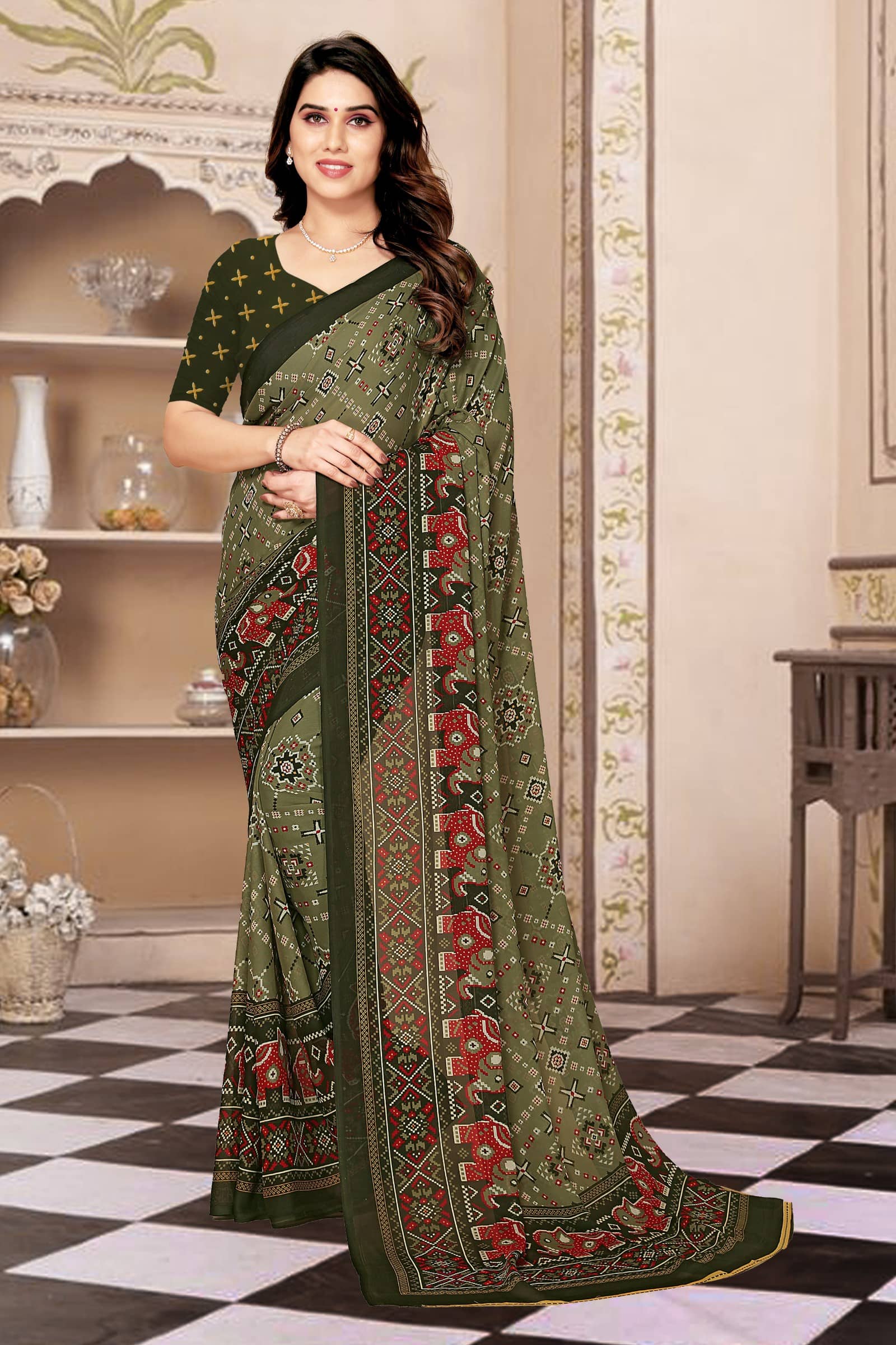 Kanooda Prints Georgette Printed Saree With Unstitched Blouse Piece ( Multicolor ) - Sarees | Buy online on ZillyBuy