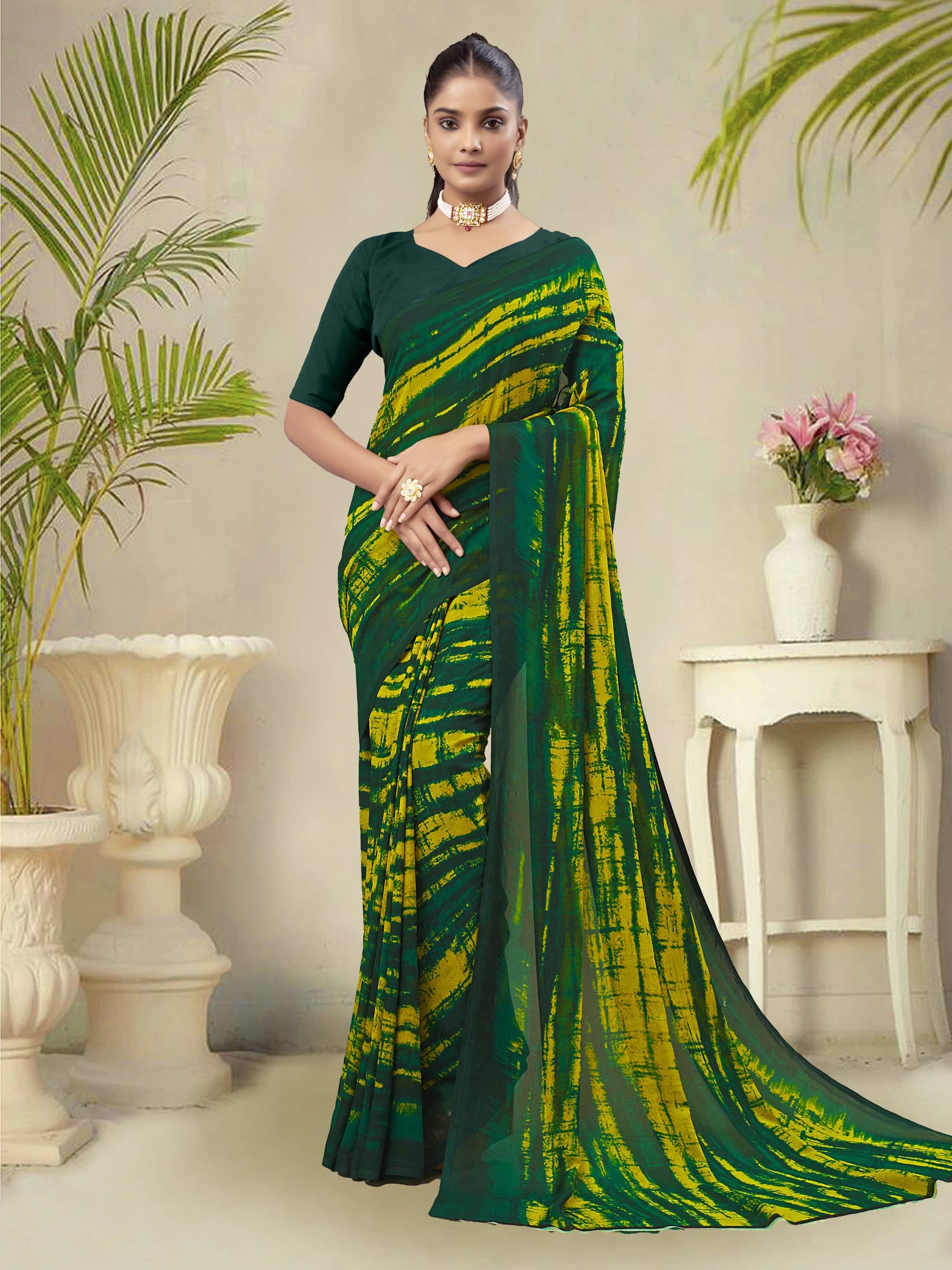 Kanooda Prints Georgette Printed Saree With Unstitched Blouse Piece ( Green ) - Sarees | Buy online on ZillyBuy