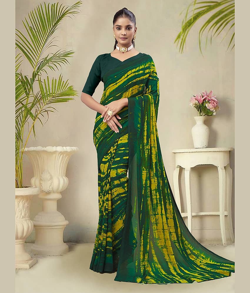 Kanooda Prints Georgette Printed Saree With Unstitched Blouse Piece ( Green ) - Sarees | Buy online on ZillyBuy