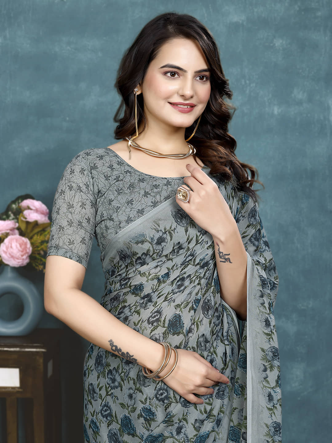 Kanooda Prints Georgette Printed Saree With Unstitched Blouse Piece ( Wine ) - Sarees | Buy online on ZillyBuy