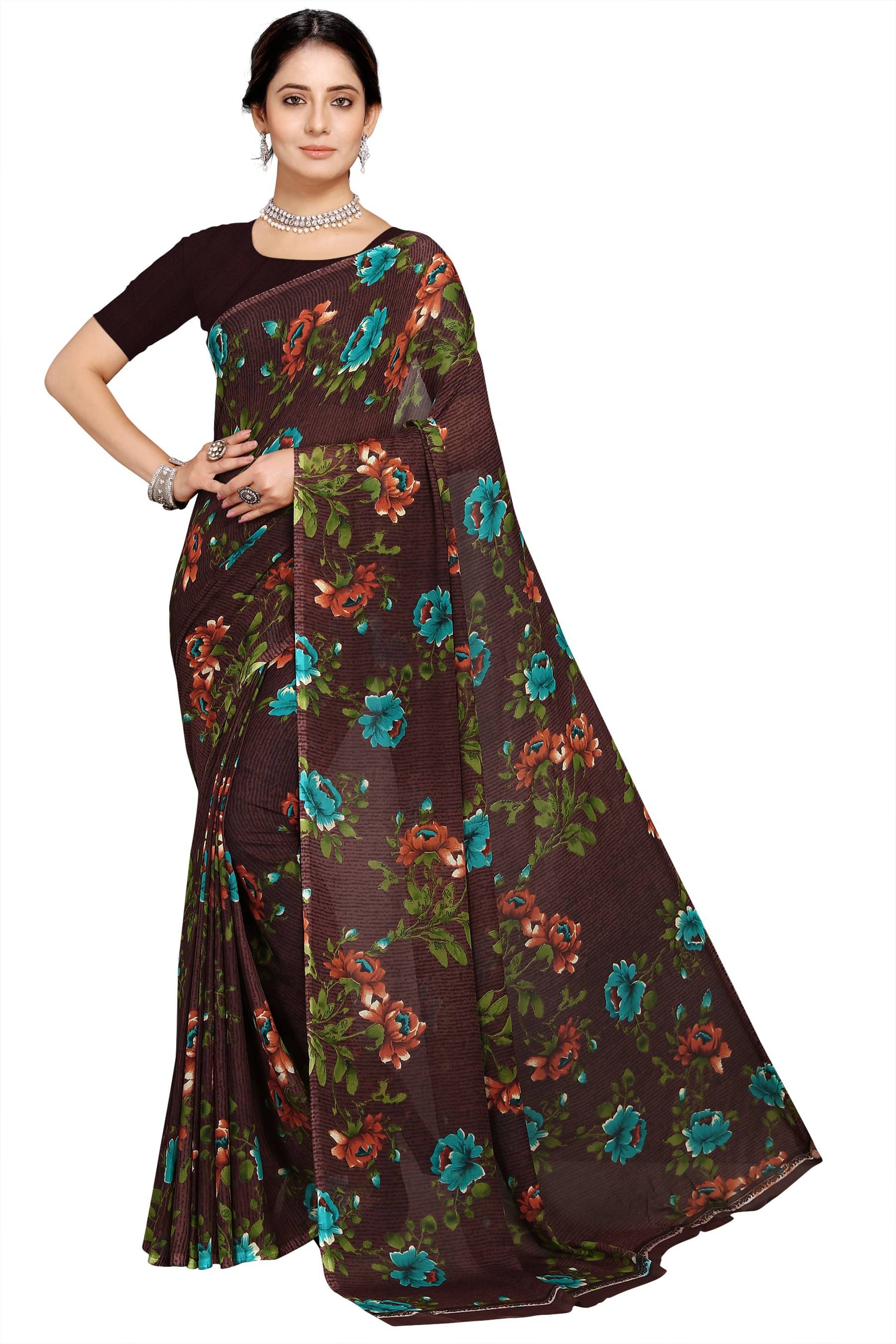 Kanooda Prints Georgette Printed Saree With Unstitched Blouse Piece ( Brown ) Kanooda Prints Georgette Printed Saree With Unstitched Blouse Piece ( Brown )