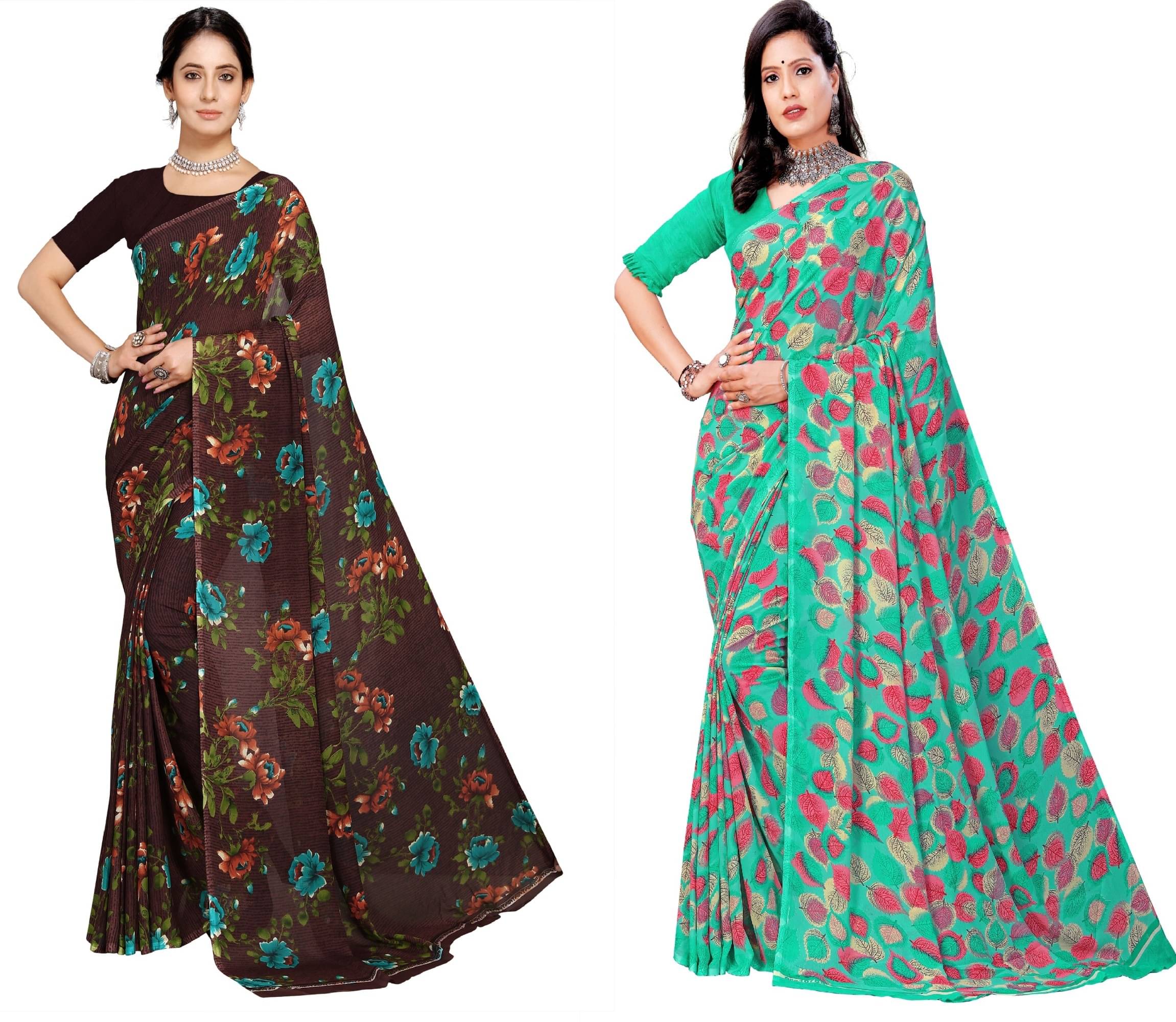     			Kanooda Prints Georgette Printed Saree With Unstitched Blouse Piece ( Brown )