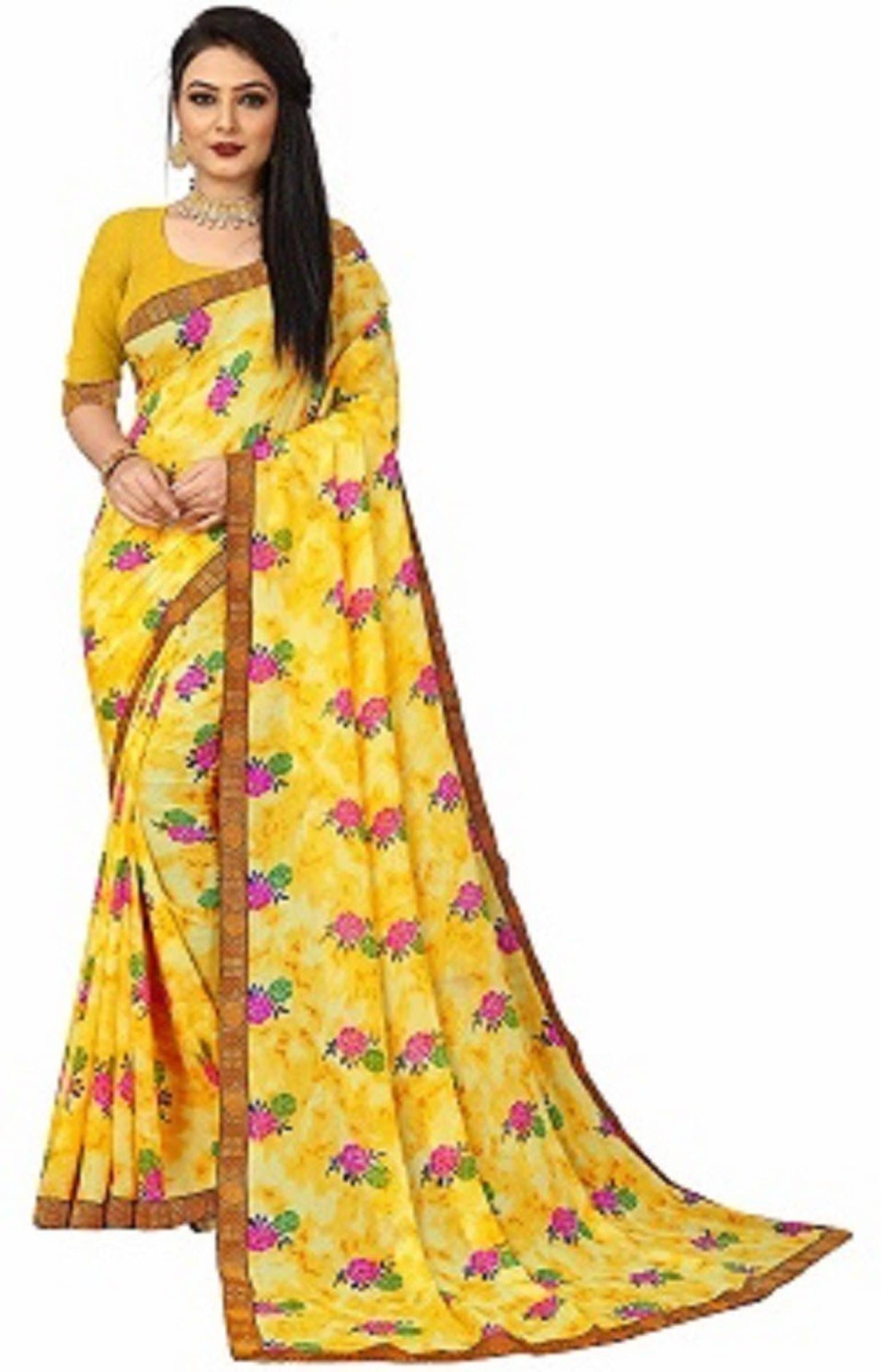 Kanooda Prints Georgette Printed Saree With Unstitched Blouse Piece ( Yellow )     			Kanooda Prints Georgette Printed Saree With Unstitched Blouse Piece ( Yellow )