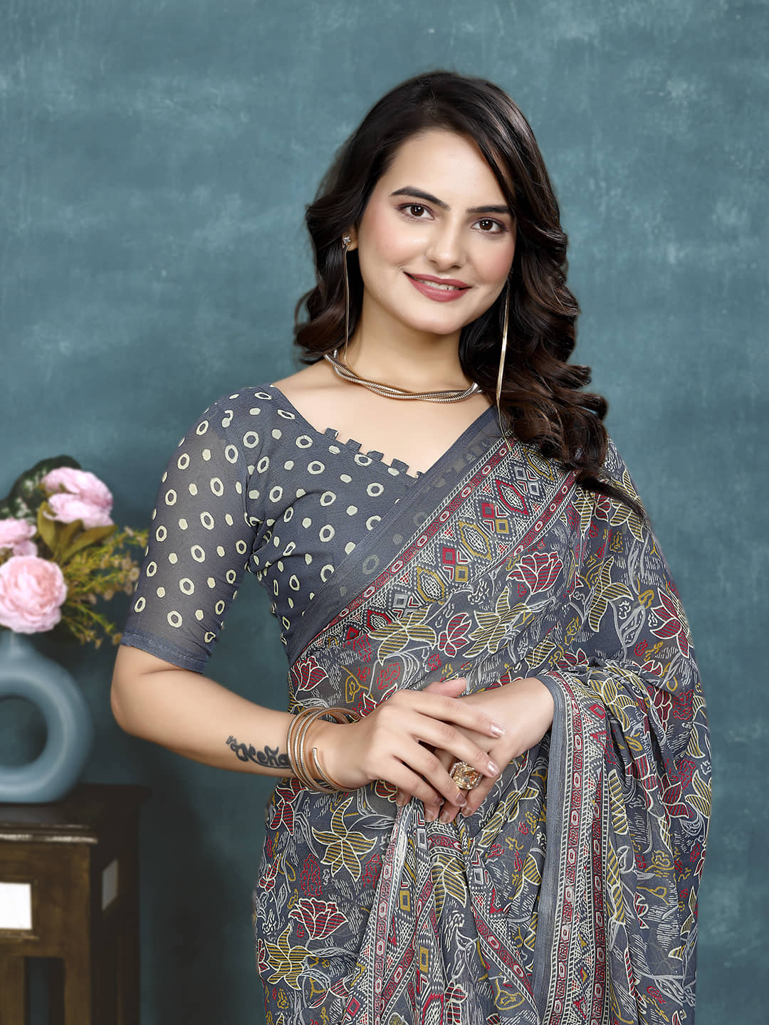 Kanooda Prints Georgette Printed With Unstitched Blouse Piece ( Peach ) - Sarees | Buy online on ZillyBuy