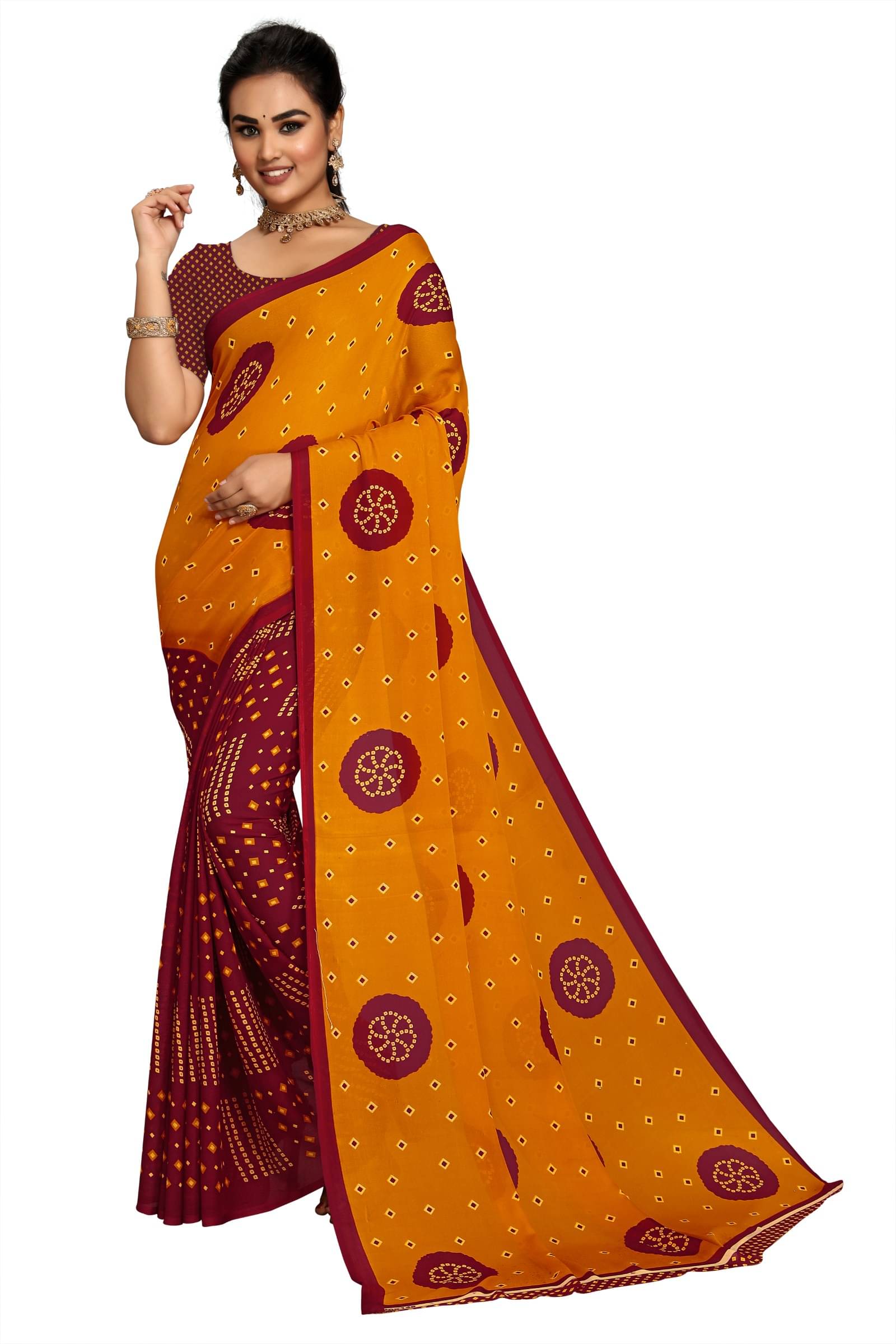     			Kanooda Prints Georgette Printed Saree With Unstitched Blouse Piece ( Yellow )