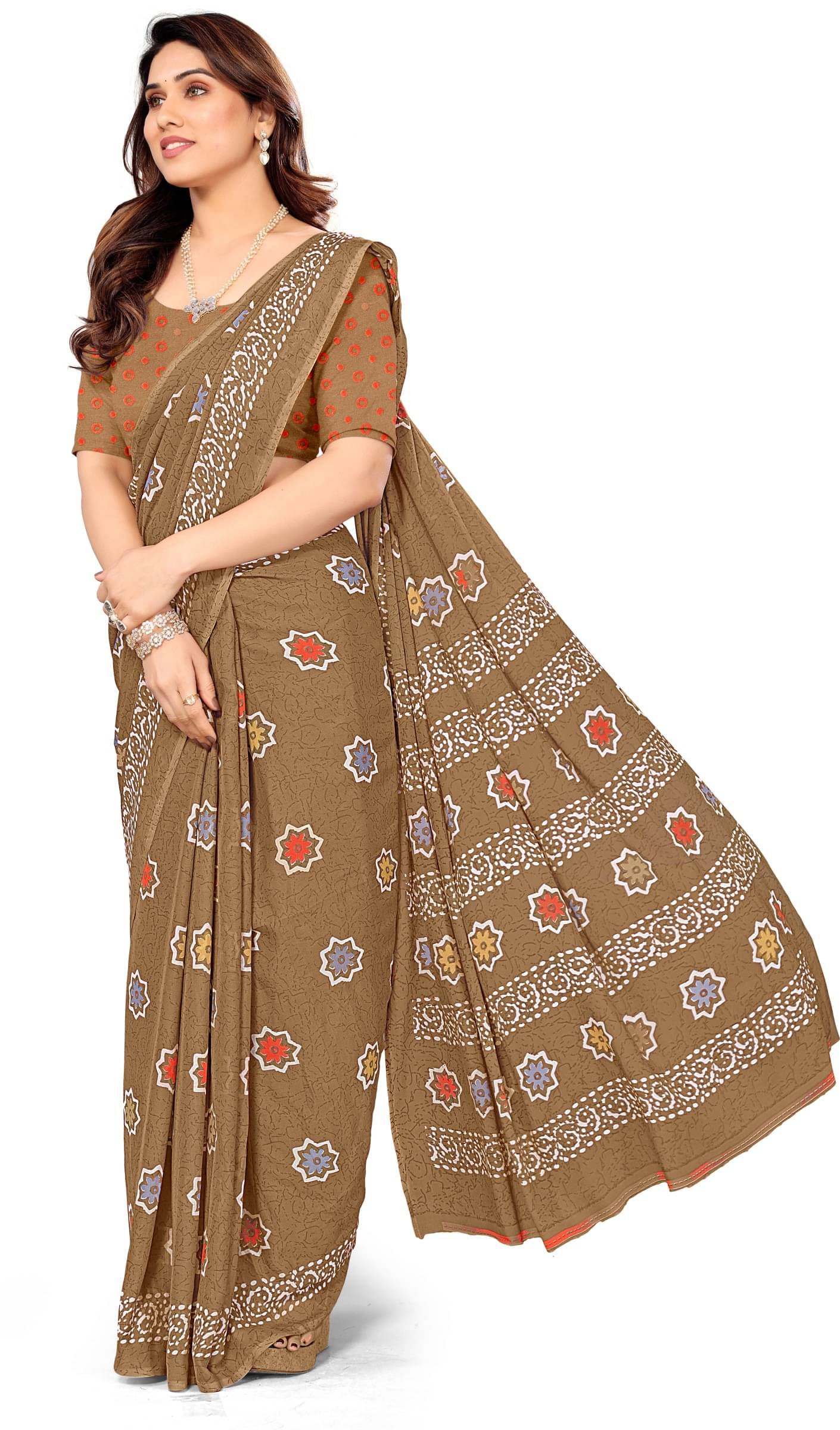     			Kanooda Prints Georgette Printed Saree With Unstitched Blouse Piece ( Brown )