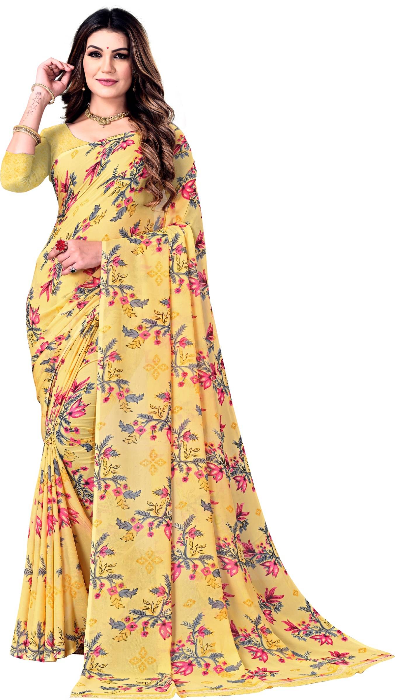 Kanooda Prints Georgette Printed Saree With Unstitched Blouse Piece ( Beige ) Kanooda Prints Georgette Printed Saree With Unstitched Blouse Piece ( Beige )