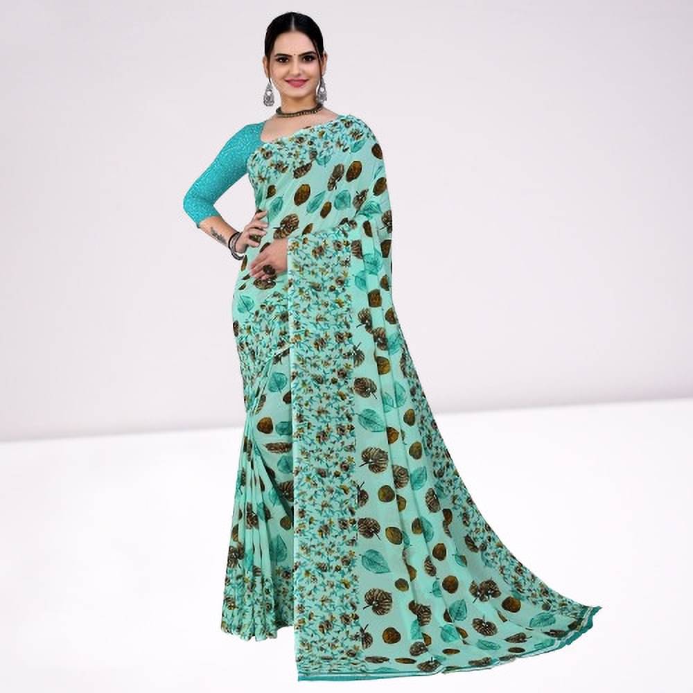     			Kanooda Prints Georgette Printed Saree With Unstitched Blouse Piece ( Teal )