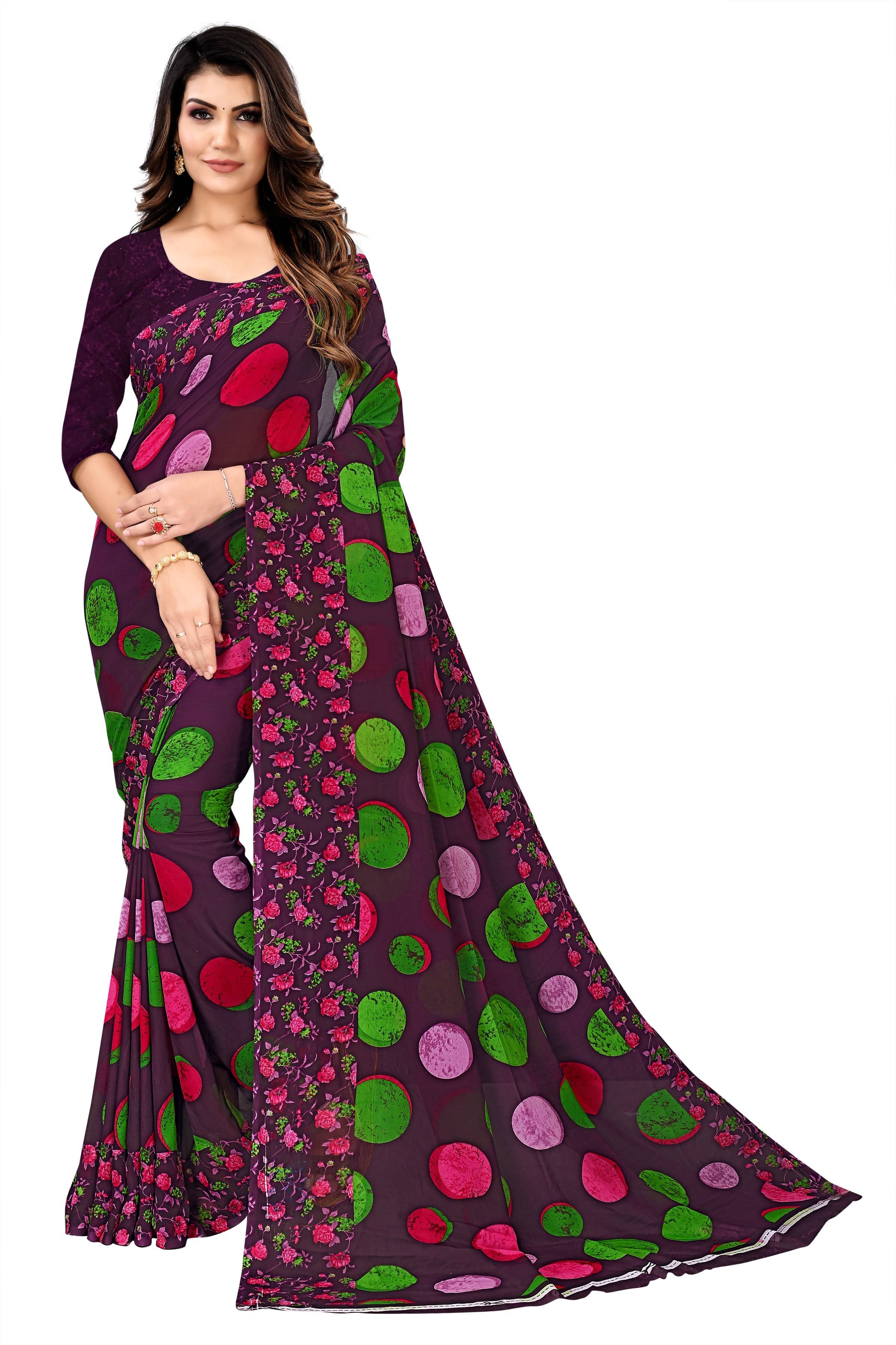 Kanooda Prints Georgette Printed Saree With Unstitched Blouse Piece ( Wine )     			Kanooda Prints Georgette Printed Saree With Unstitched Blouse Piece ( Wine )
