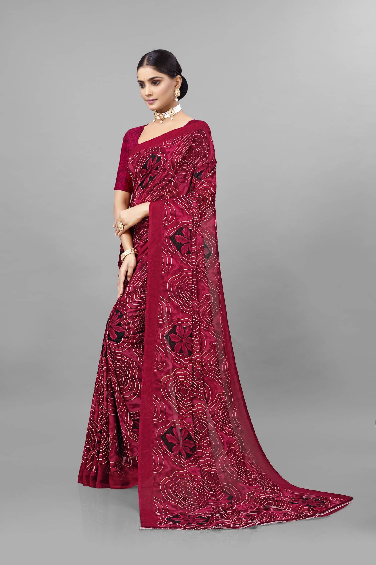 Kanooda Prints Georgette Printed Saree With Unstitched Blouse Piece ( Maroon ) Kanooda Prints Georgette Printed Saree With Unstitched Blouse Piece ( Maroon )