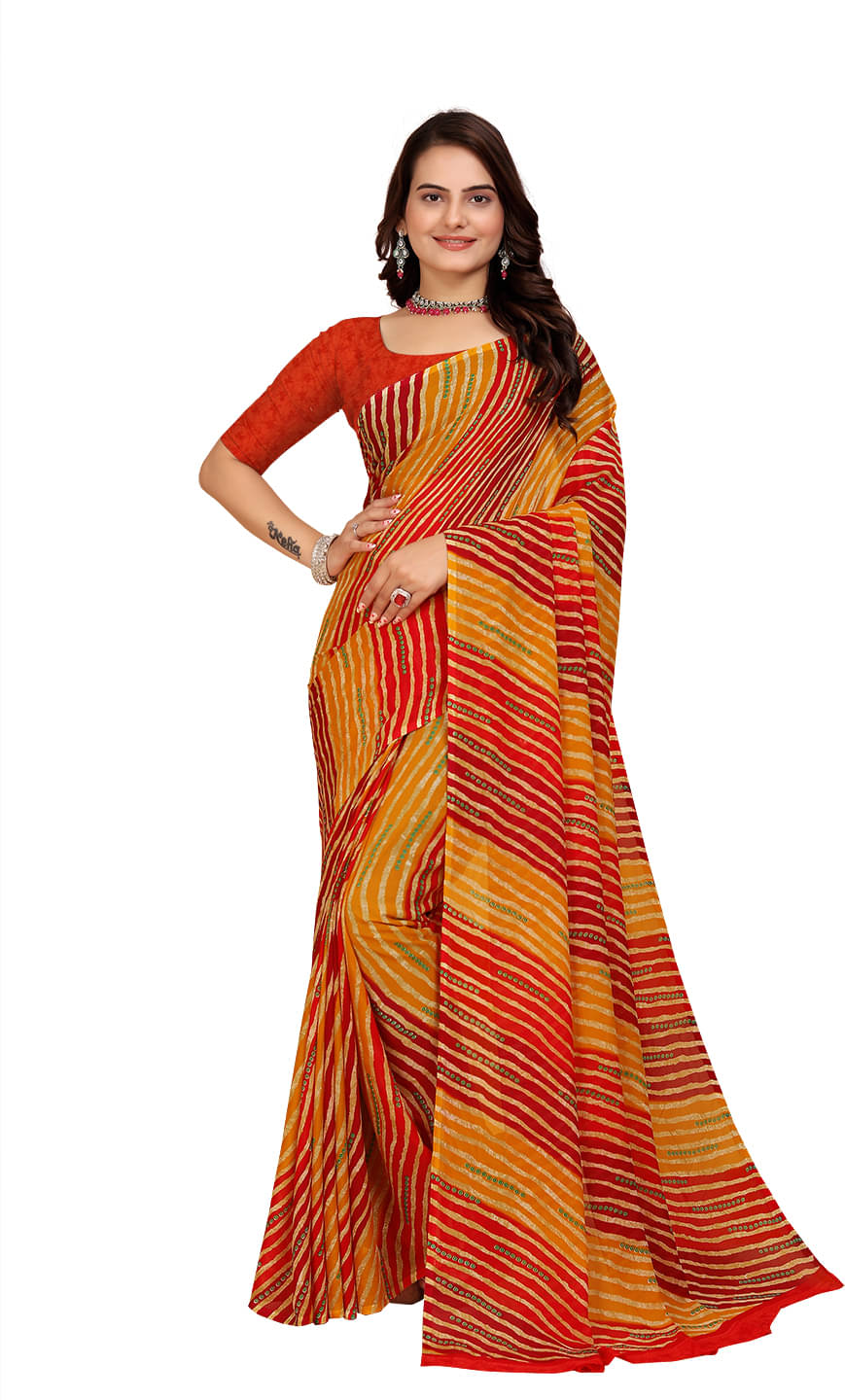 Kanooda Prints Georgette Printed Saree With Unstitched Blouse Piece ( Yellow )     			Kanooda Prints Georgette Printed Saree With Unstitched Blouse Piece ( Yellow )