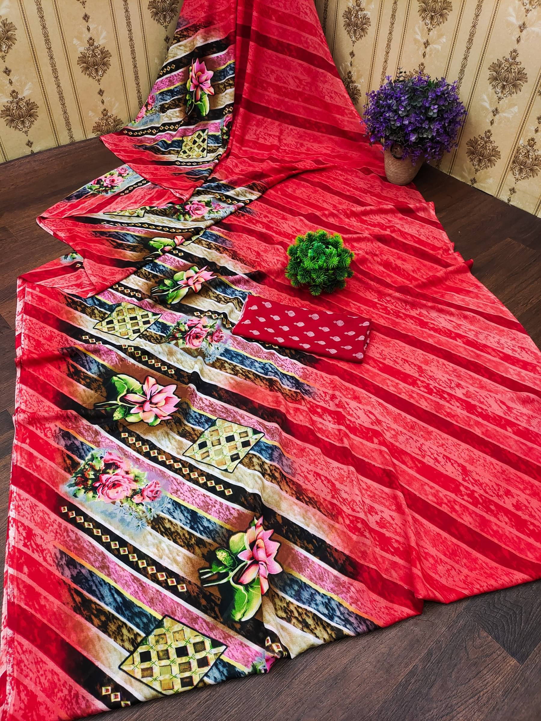 Kanooda Prints Georgette Printed Saree With Unstitched Blouse Piece ( Red ) Kanooda Prints Georgette Printed Saree With Unstitched Blouse Piece ( Red )